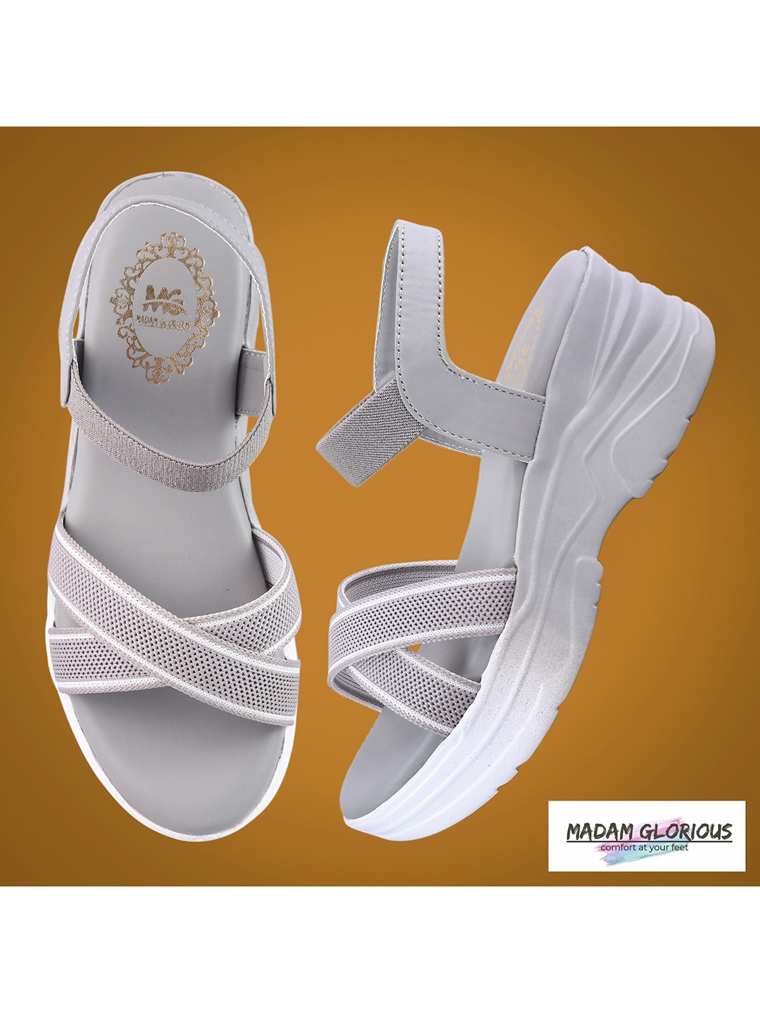 

madam glorious Grey comfortable criss cross strap Platform Heels with Laser Cuts