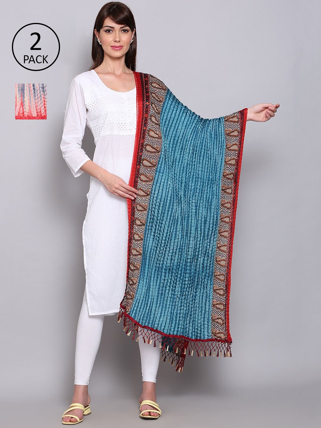 

Miaz Lifestyle Pack of 2 Blue & Pink Leheriya Dyed Satin Dupatta