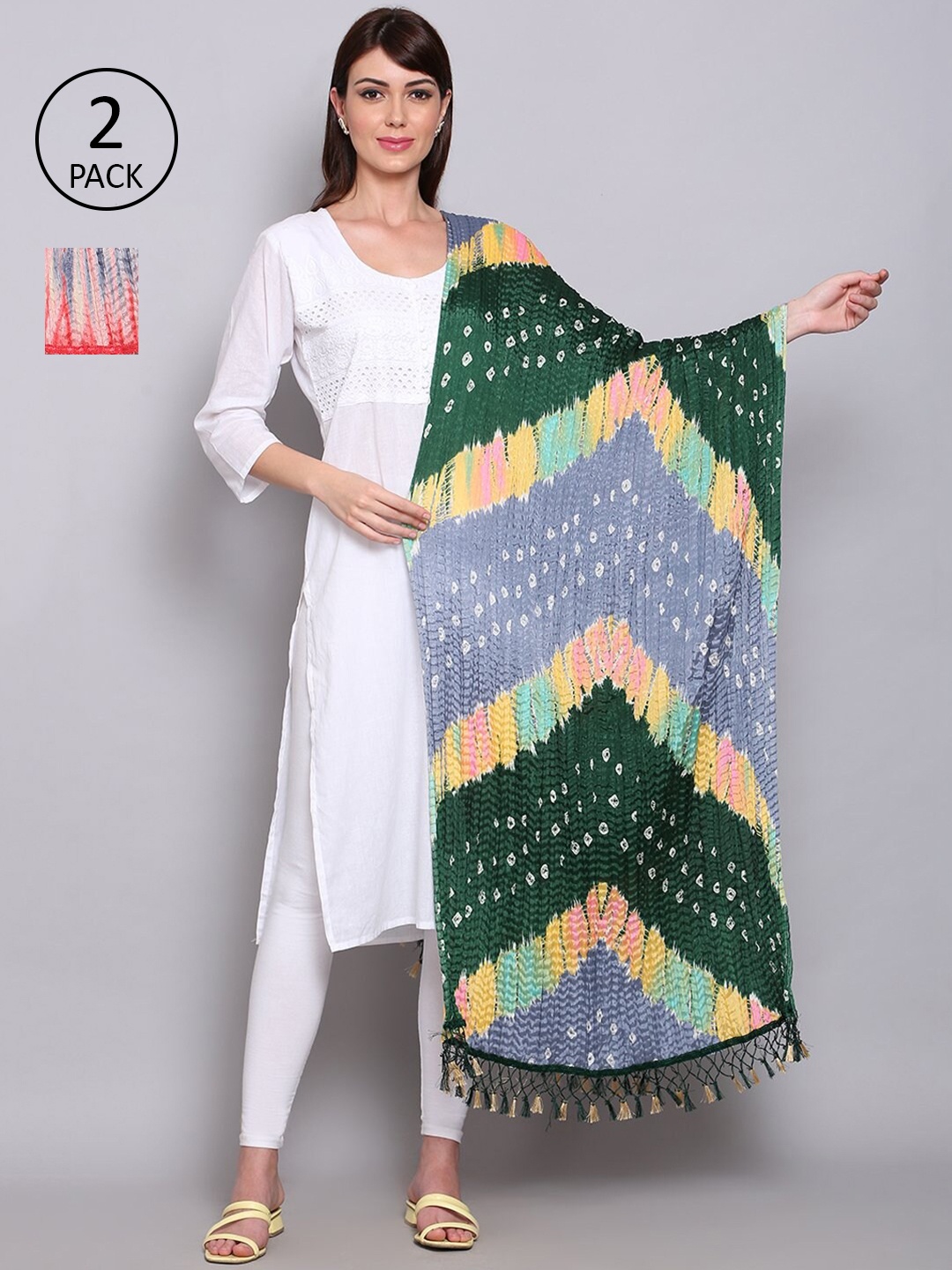 

Miaz Lifestyle Pack of 2 Green & Pink Dyed Satin Dupatta