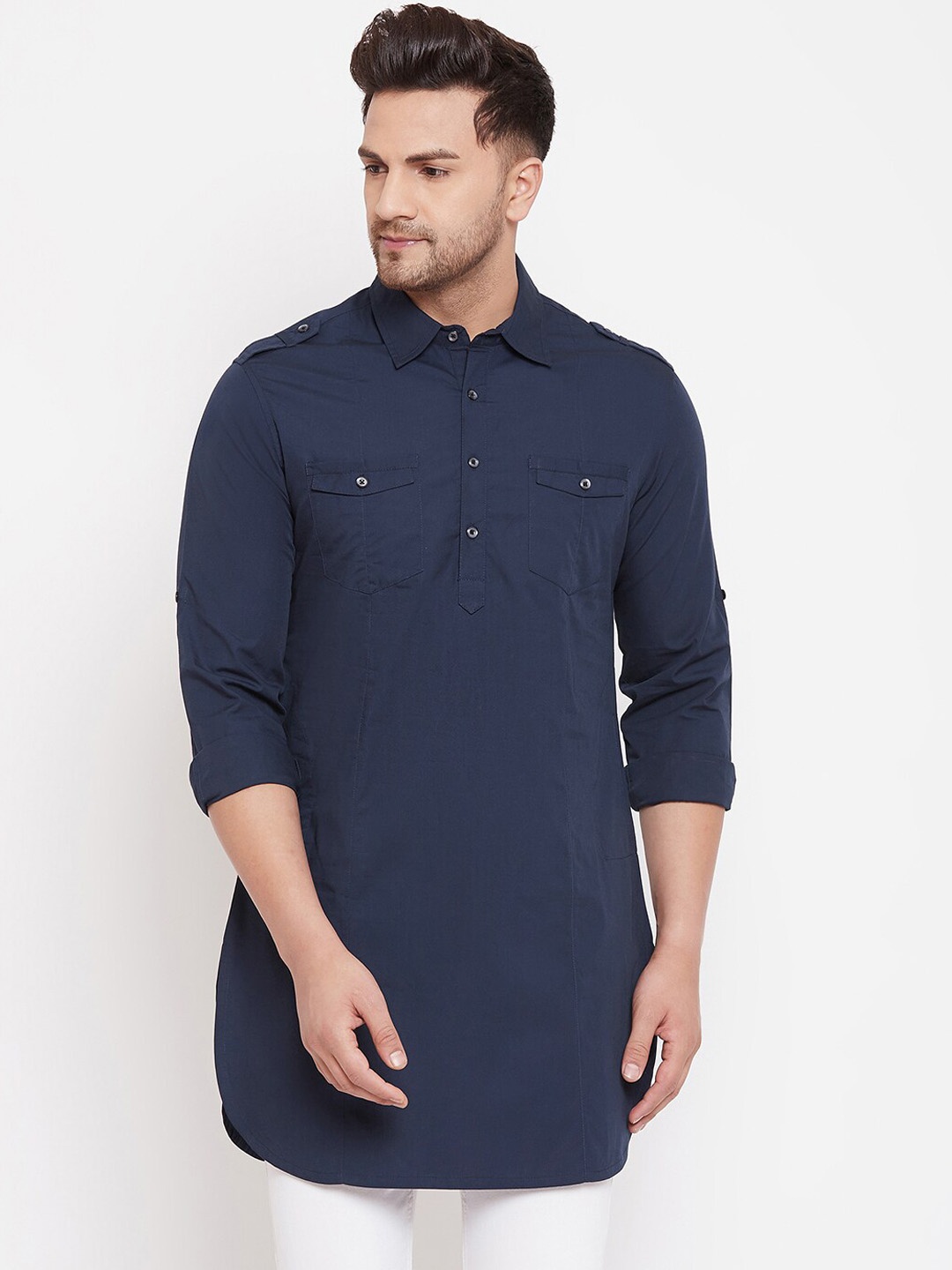 

Hypernation Men Navy Blue Pathani Kurta