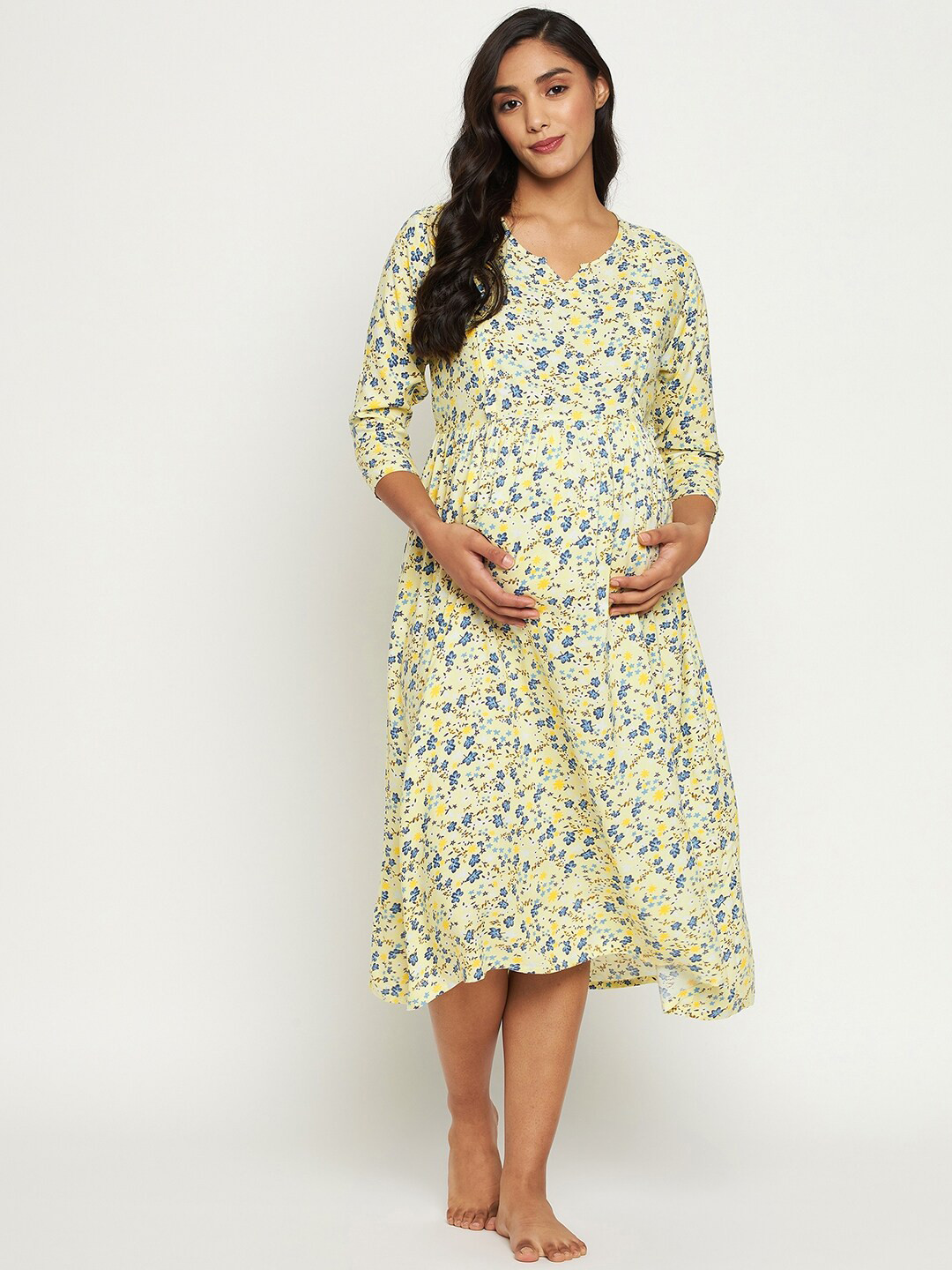 

Hypernation Women Yellow Printed Maternity Nightdress