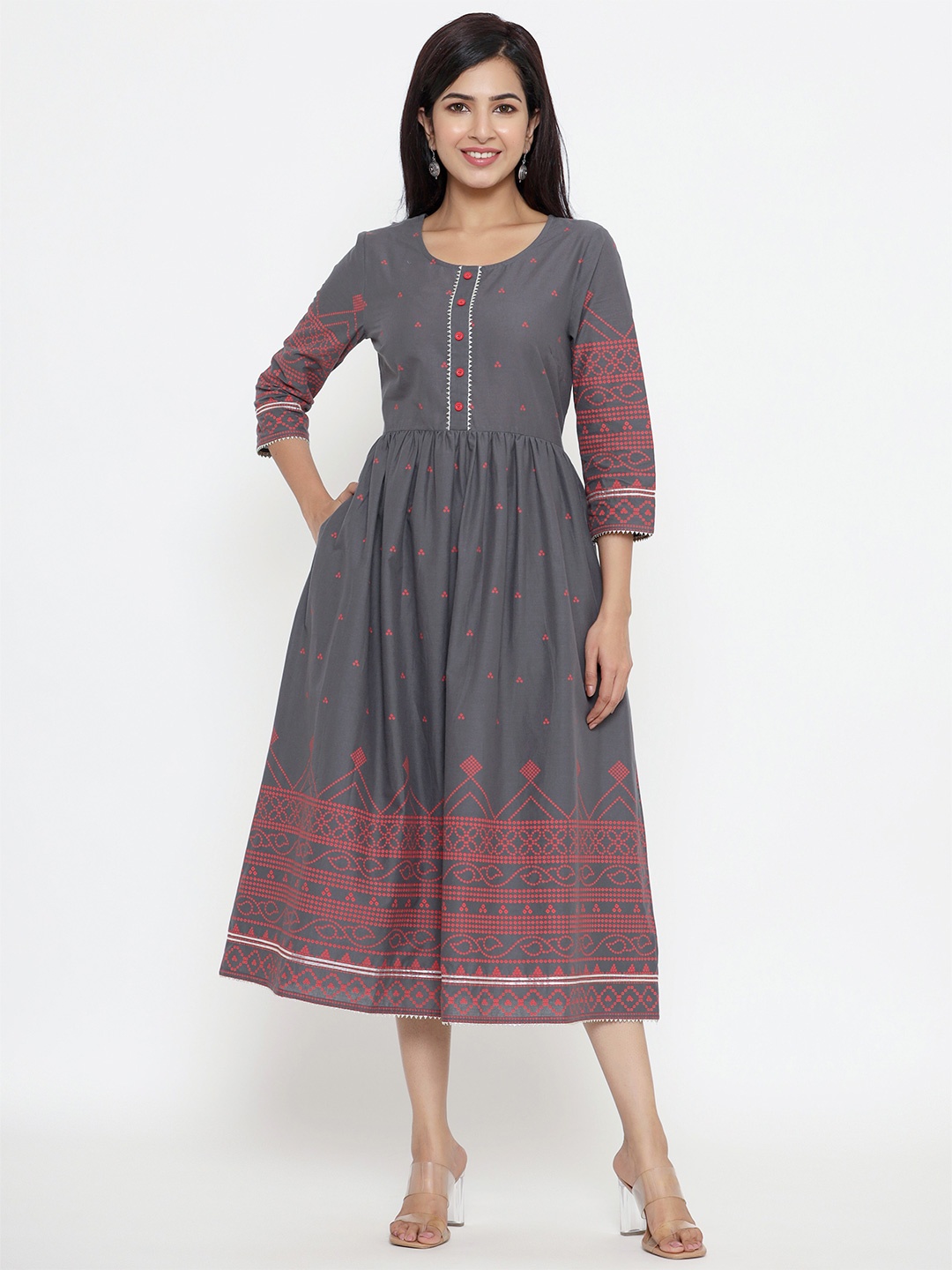 

Sutidora Women Grey Ethnic Motifs Midi Dress