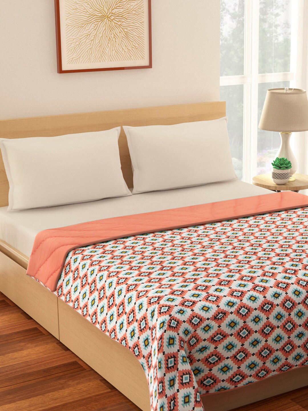 

Living scapes by Pantaloons Peach-Coloured & White Geometric Heavy Winter Double Bed Quilt