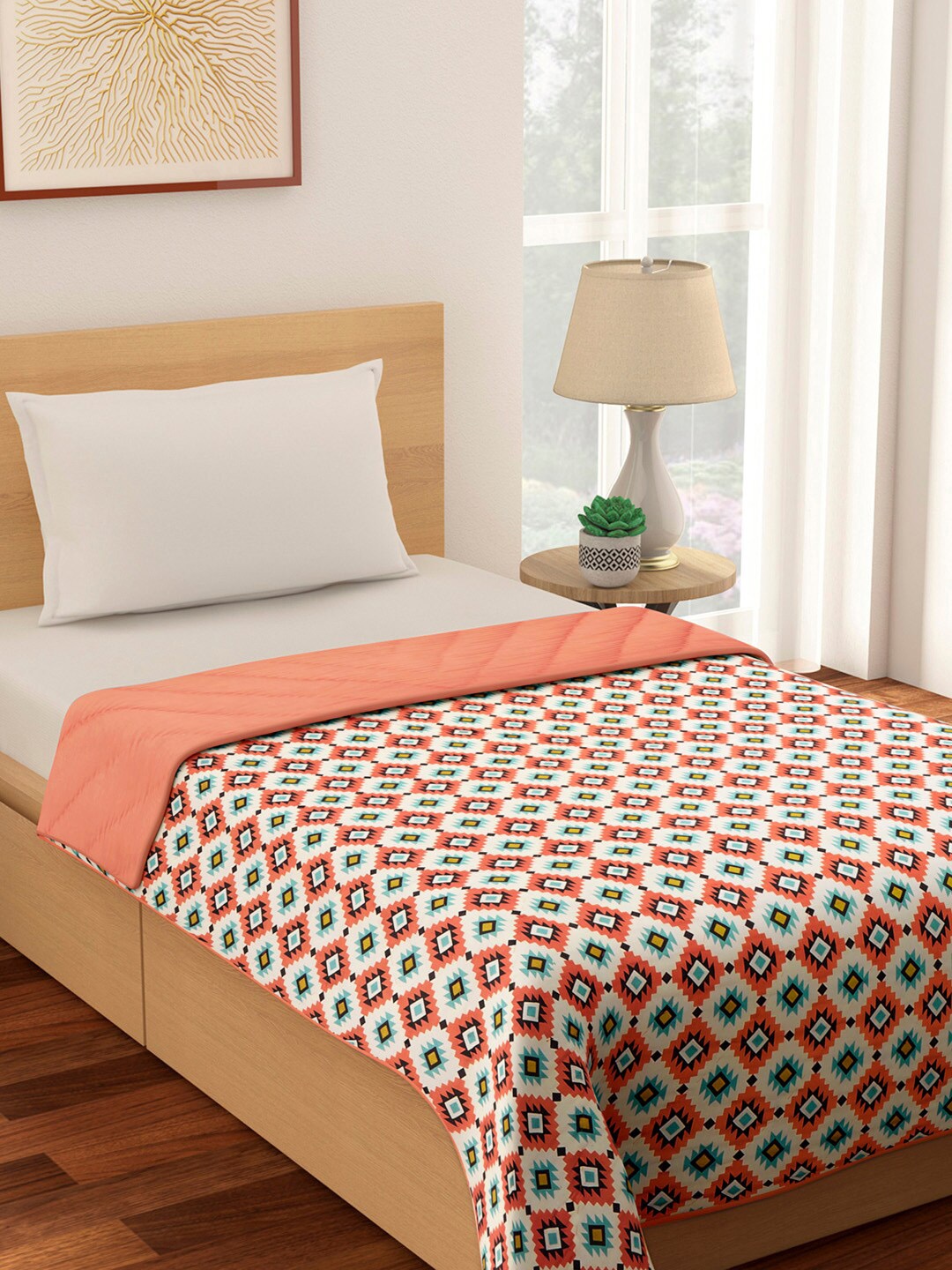

Living scapes by Pantaloons Peach-Coloured & White Geometric Heavy Winter Single Bed Quilt