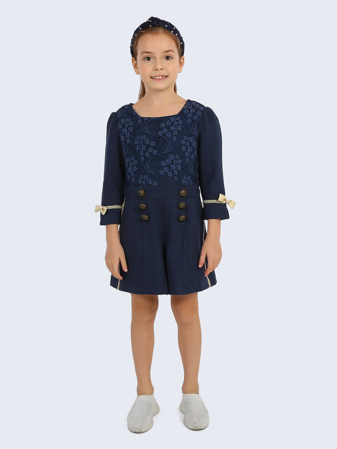 

One Friday Girls Navy Blue Self Design Jumpsuit