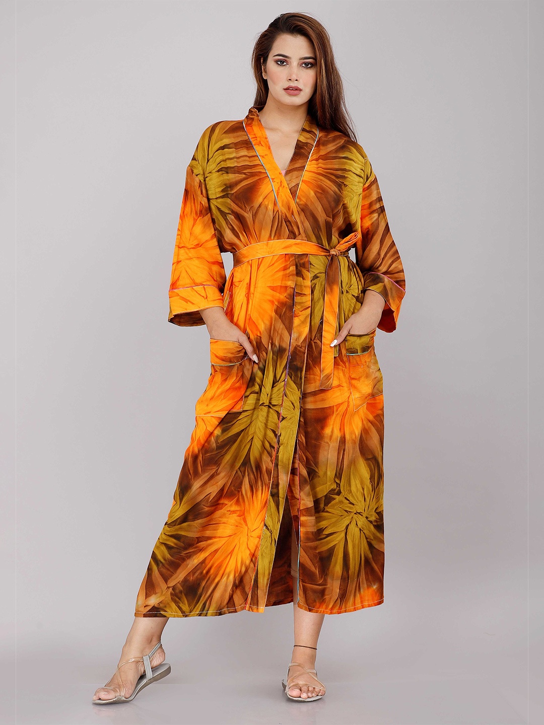 

SHOOLIN Orange Printed Maxi Kimono Bath Robe Nightdress