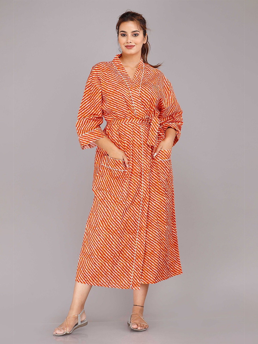 

SHOOLIN Women Orange Printed Maxi Kimono Bath Robe Nightdress
