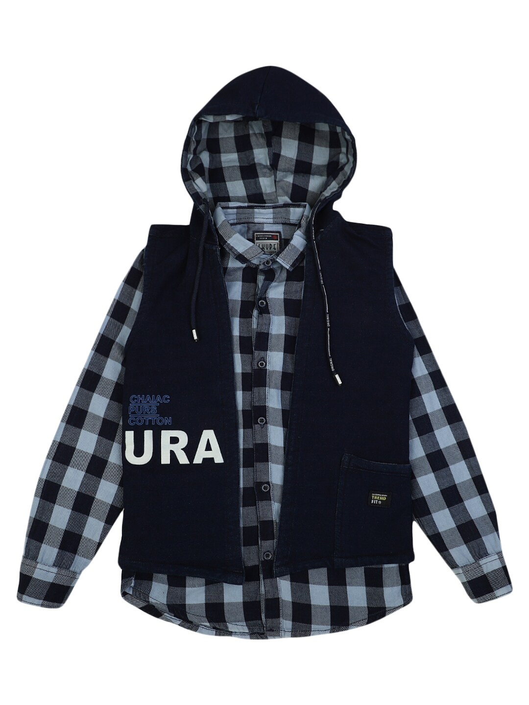 

V-Mart Boys Blue Checked Casual Hooded Shirt