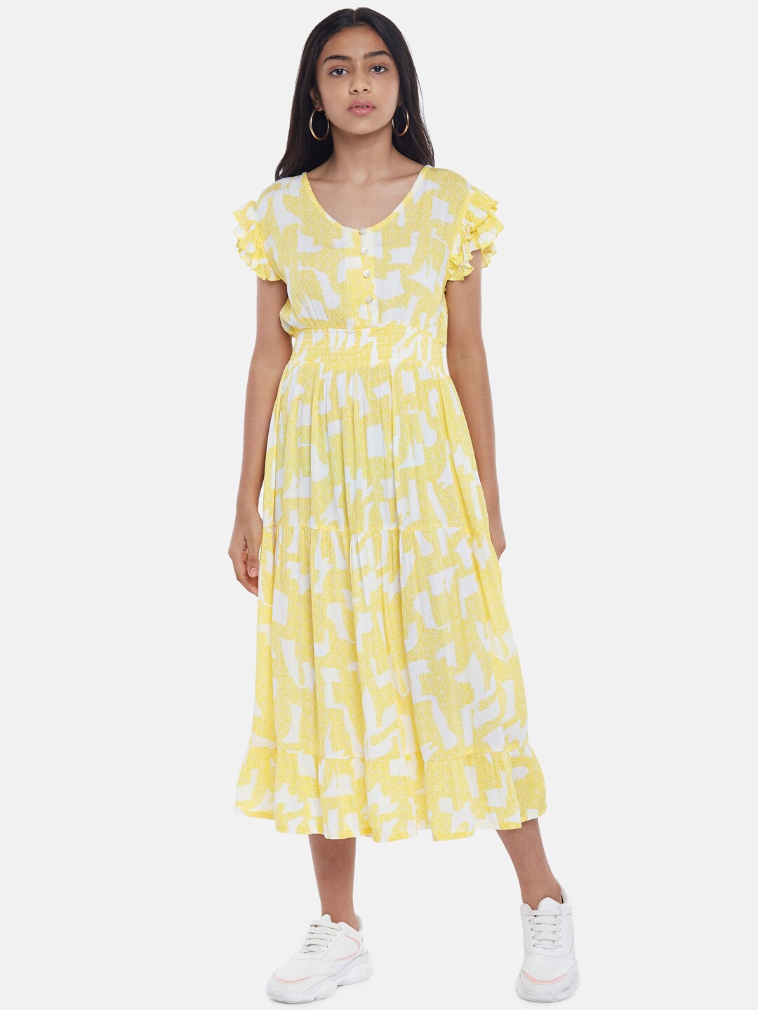 

Coolsters by Pantaloons Yellow Midi Smocked styling Dress
