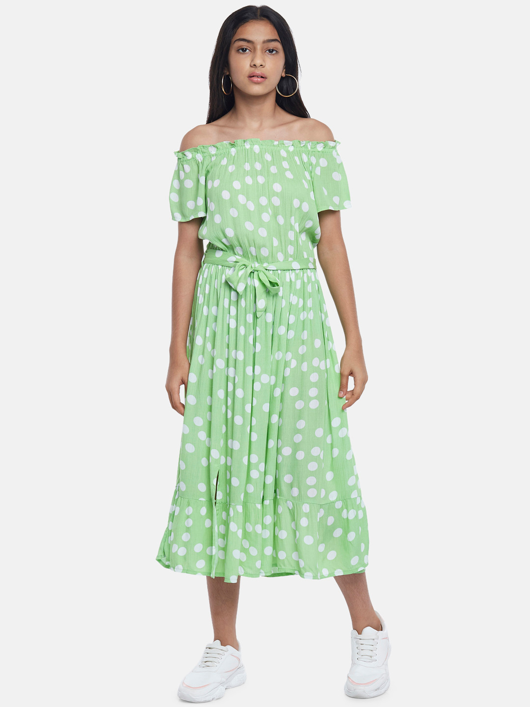 

Coolsters by Pantaloons Green & White Printed Off-Shoulder Midi Dress