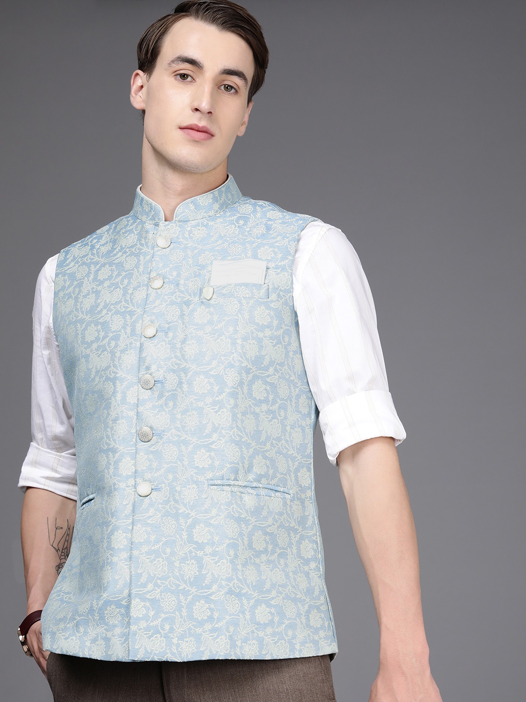 

Manyavar Men Blue Floral Woven Design Nehru Jacket