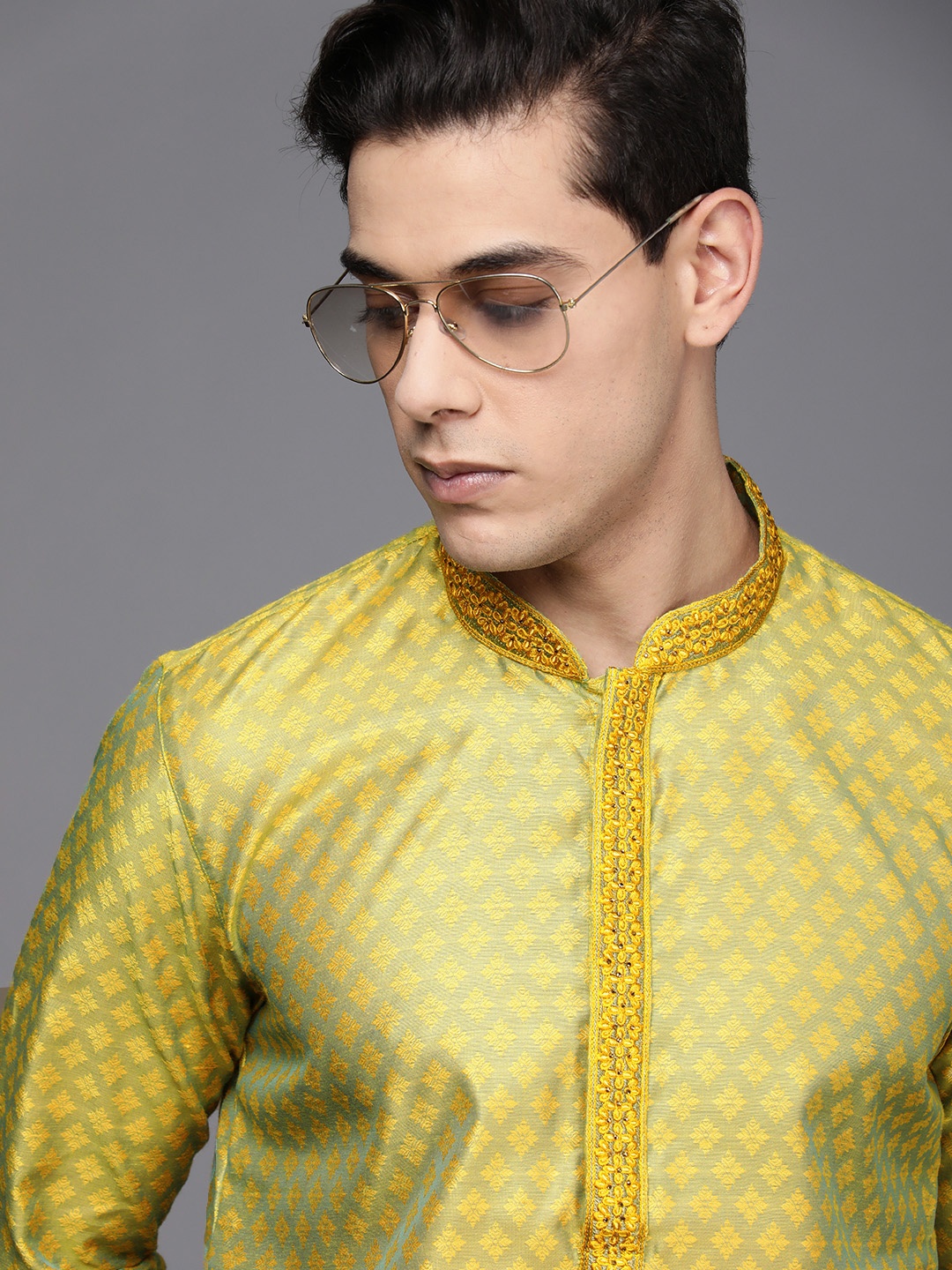 

Manyavar Men Mustard Yellow Ethnic Motifs Self Design Kurta with Pyjamas