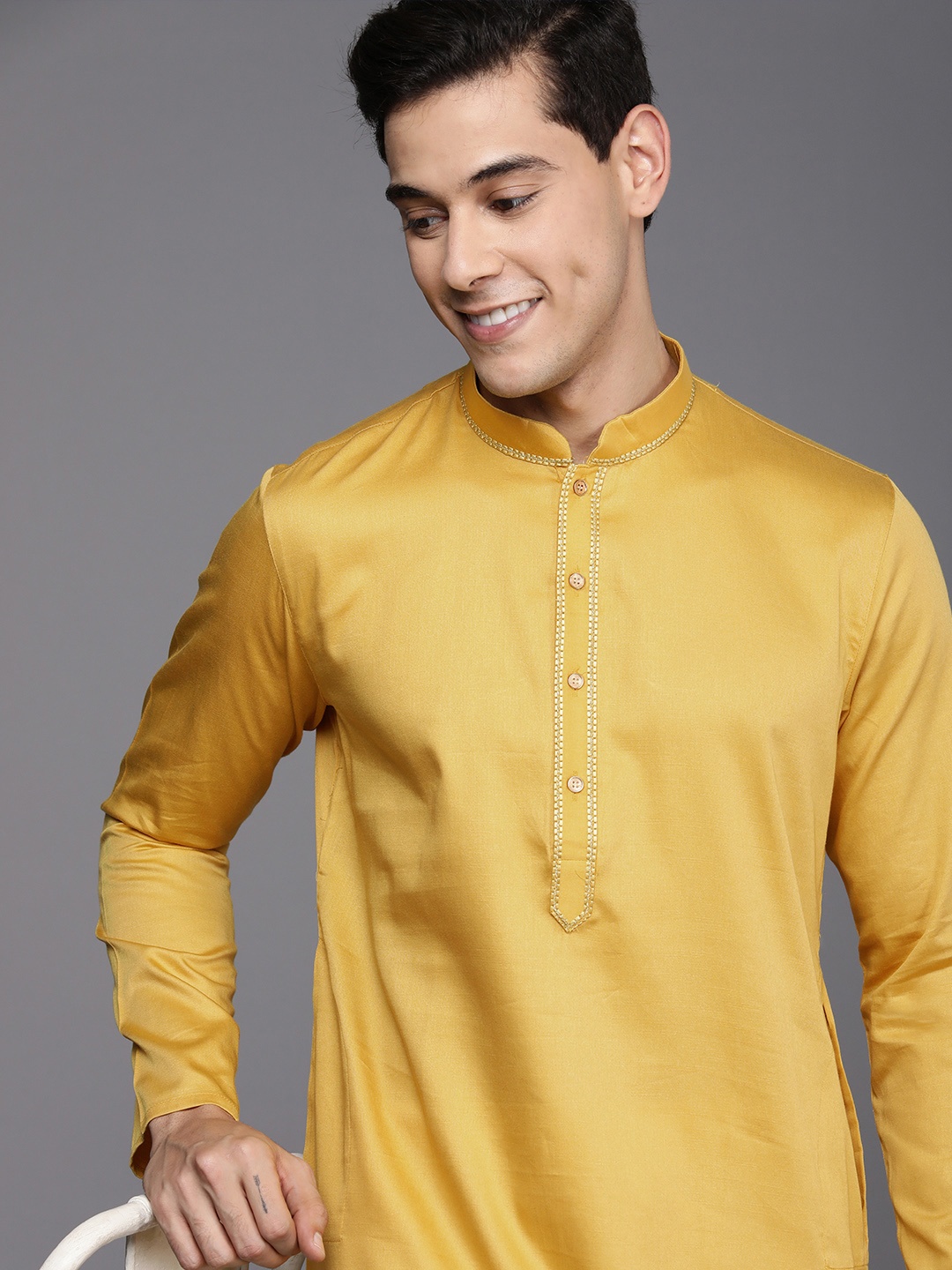 

Manyavar Men Mustard Yellow Pure Cotton Kurta with Pyjamas