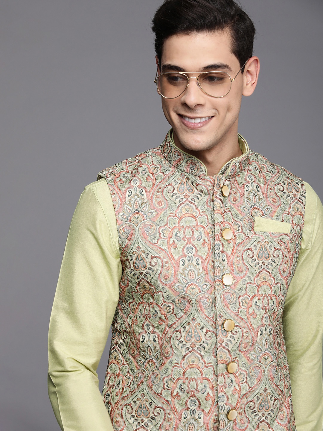 

Manyavar Men Green & Off-White Solid Kurta & Churidar with Nehru Jacket