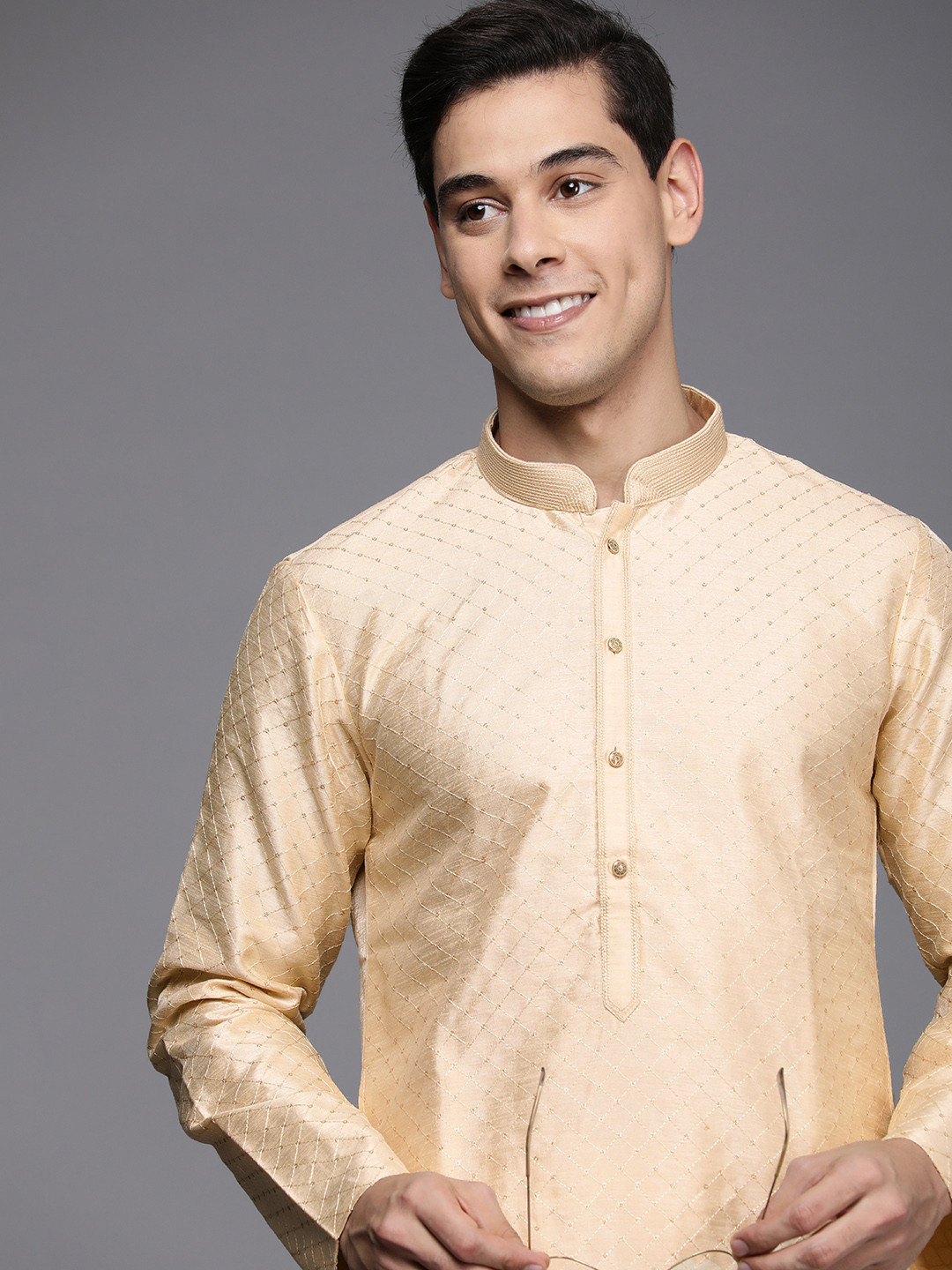 

Manyavar Men Beige & White Woven Design Kurta with Churidar