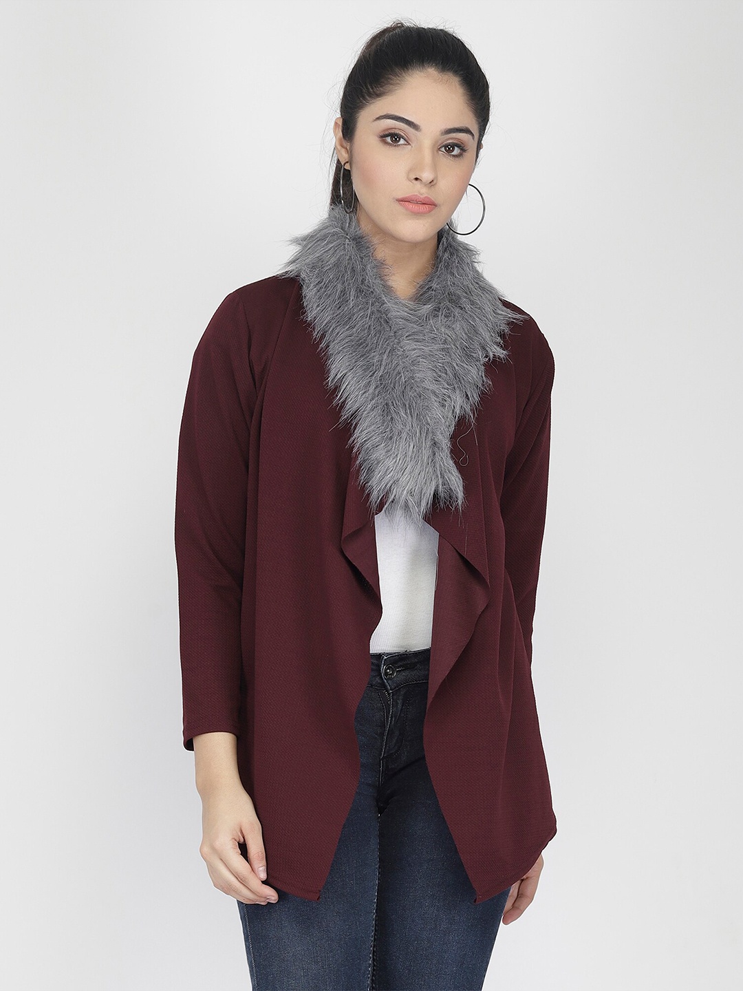 

IUGA Women Purple Soild Front Open Fur Shrug