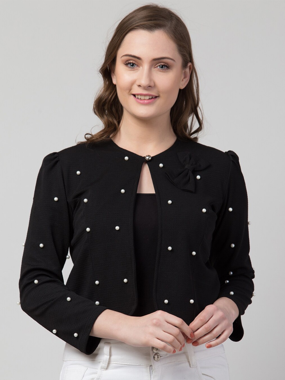 

IUGA Women Black & White Embellished Crop Button Shrug