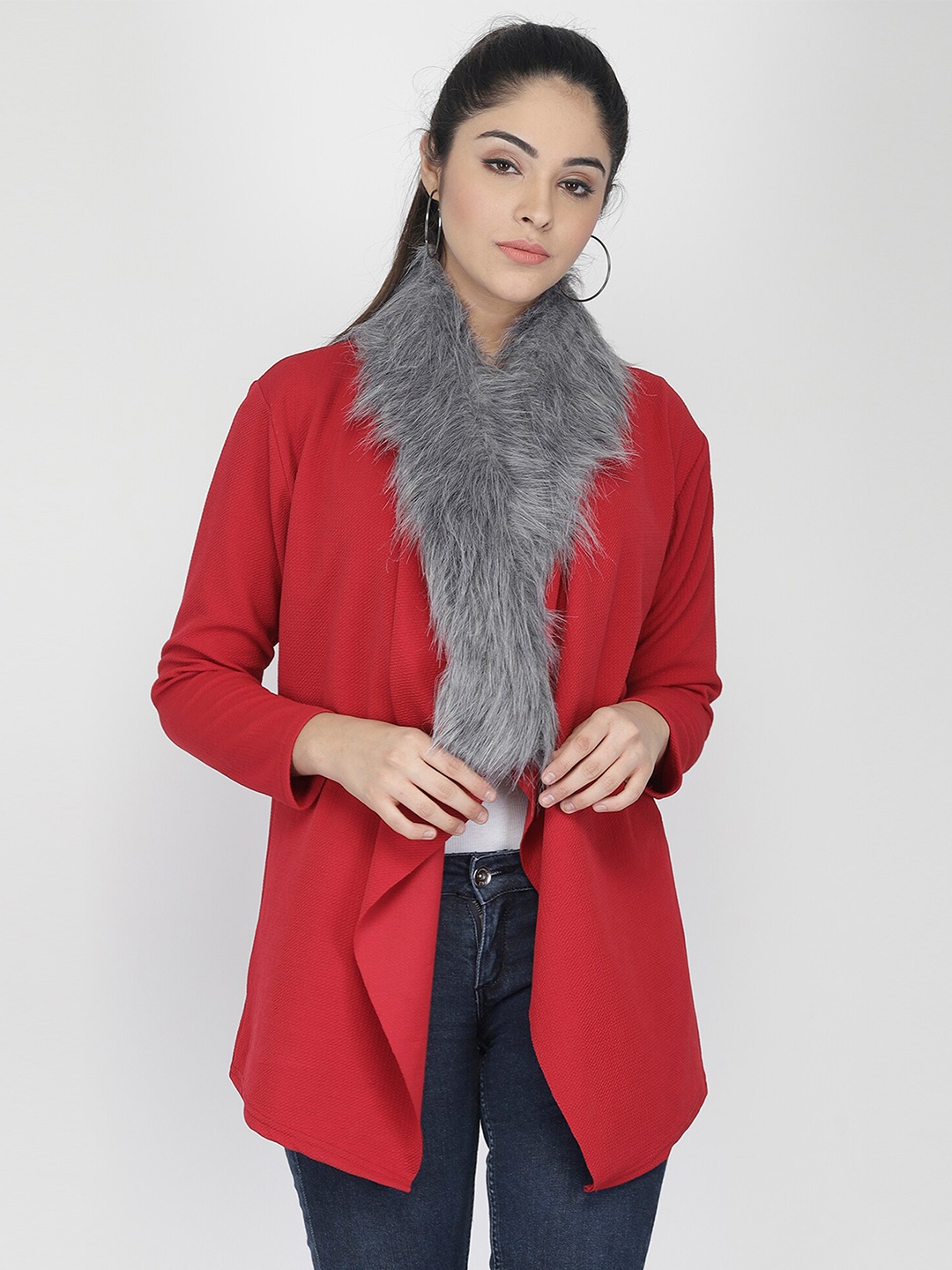 

IUGA Women Maroon Soild Front Open Fur Shrug