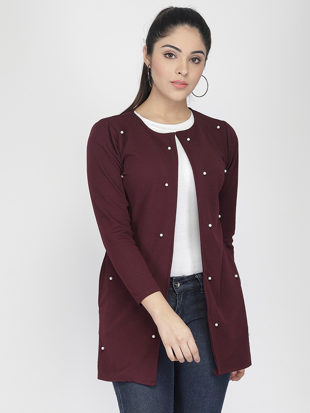 

IUGA Women Purple & White Fornt Open Shrug