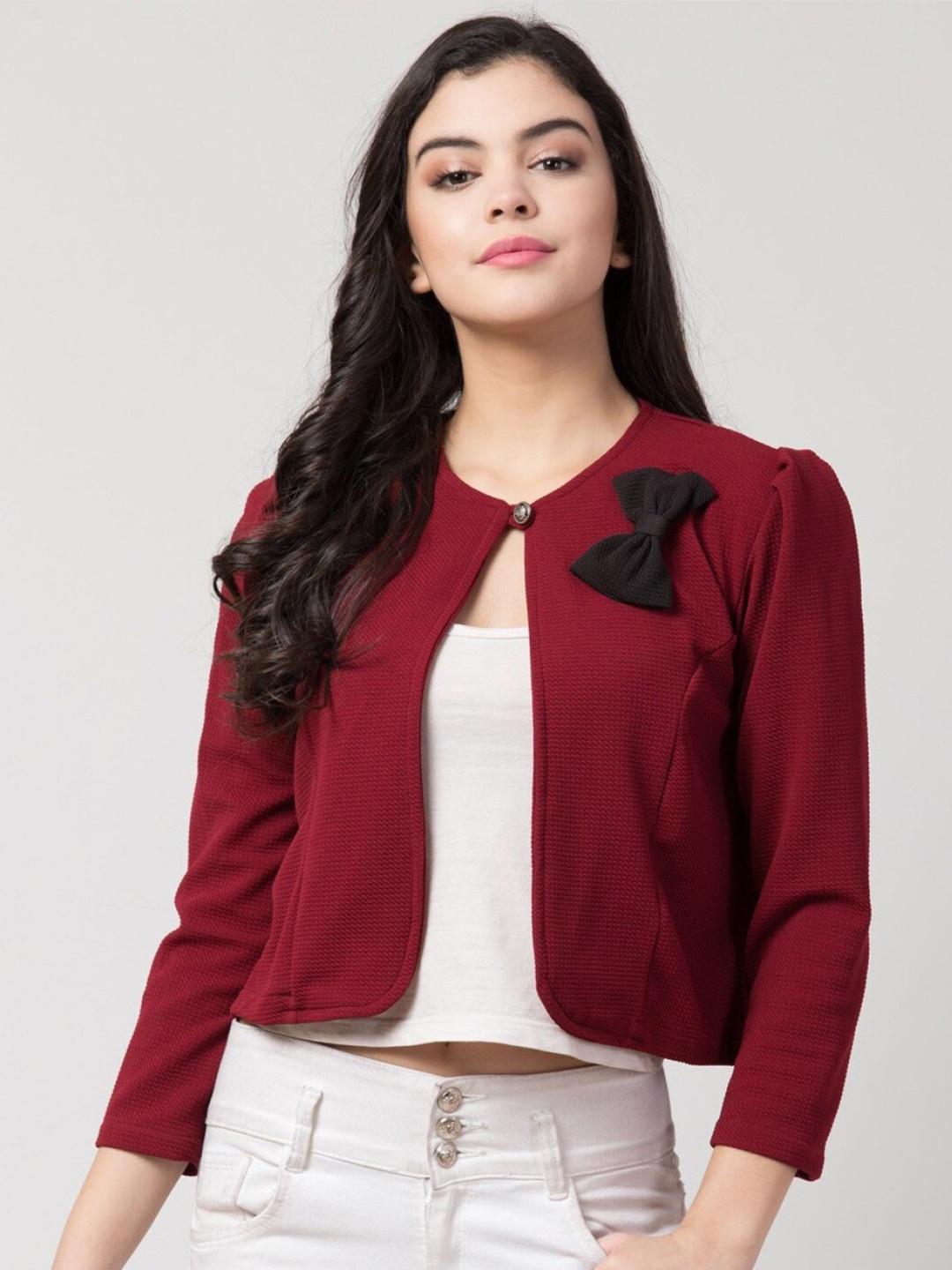 

IUGA Women Maroon Soild & Black Bow Crop Shrug