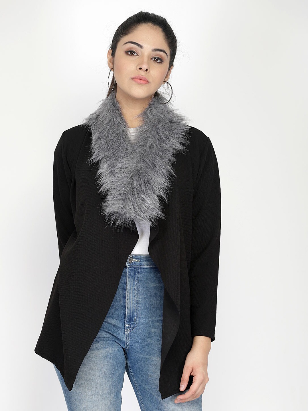 

IUGA Women Black Solid Front Open Fur Shrug