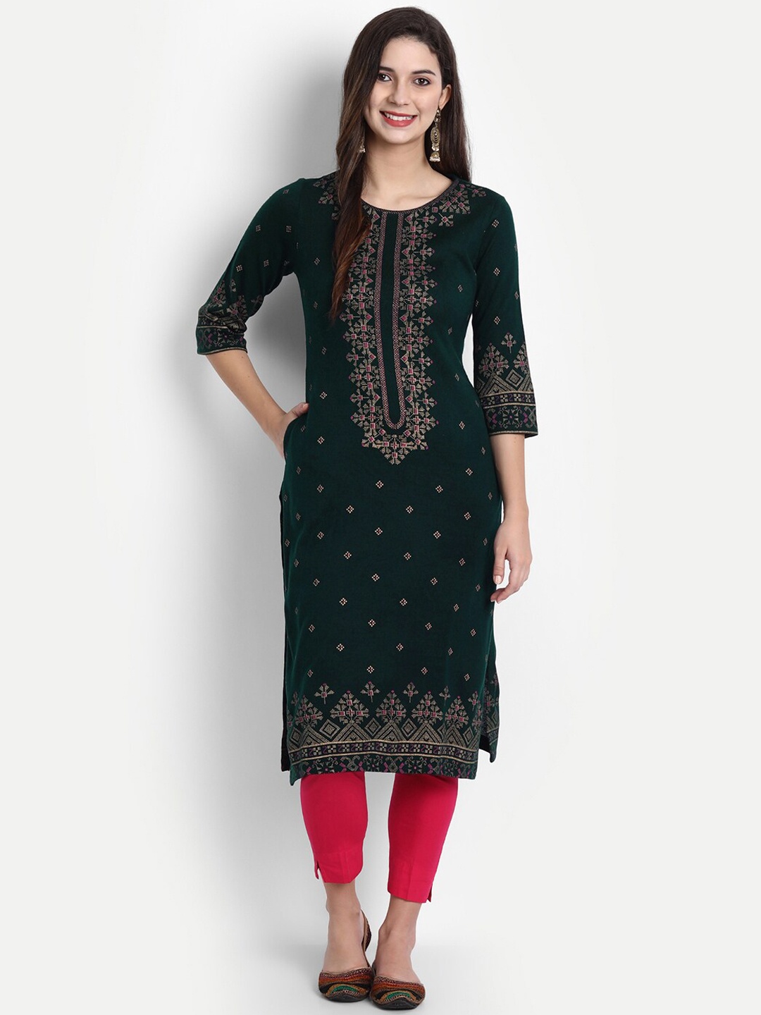 

SHEREEN Women Green Ethnic Printed Straight Woolen Kurta
