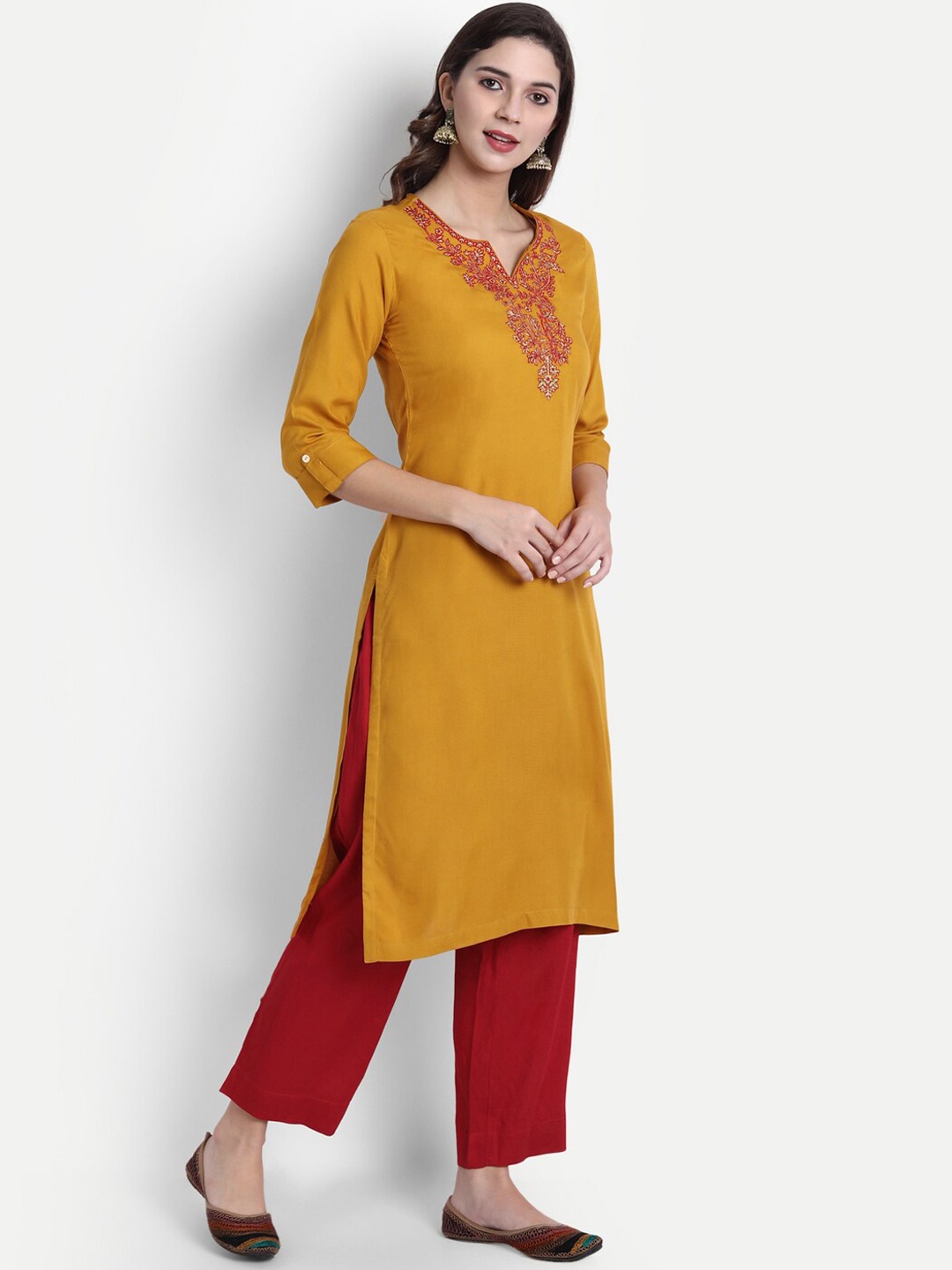 

SHEREEN Women Mustard Yellow Embroidered Thread Work Kurta