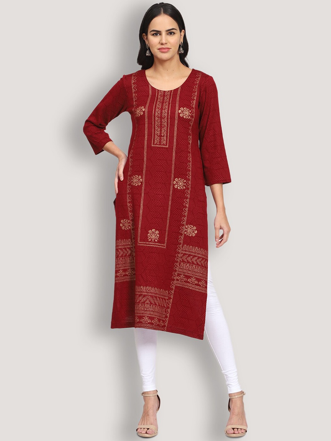 

SHEREEN Women Maroon Ethnic Printed Straight Woolen Kurta