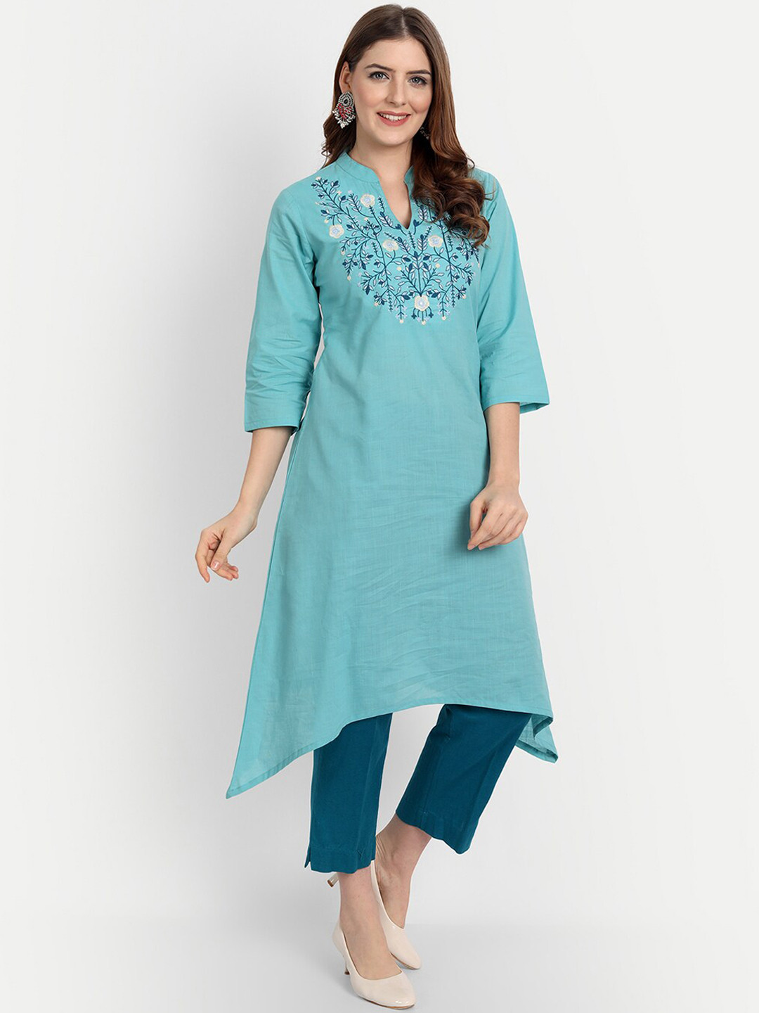 

SHEREEN Women Blue Floral Yoke Design Asymmetric Kurta