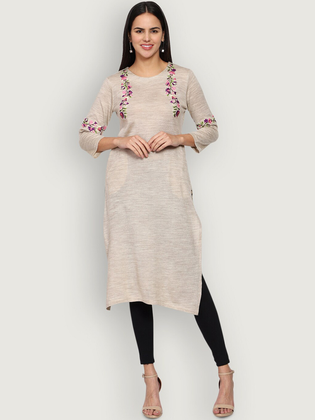 

SHEREEN Women Beige Ethnic Embroidered Straight Woolen Kurta
