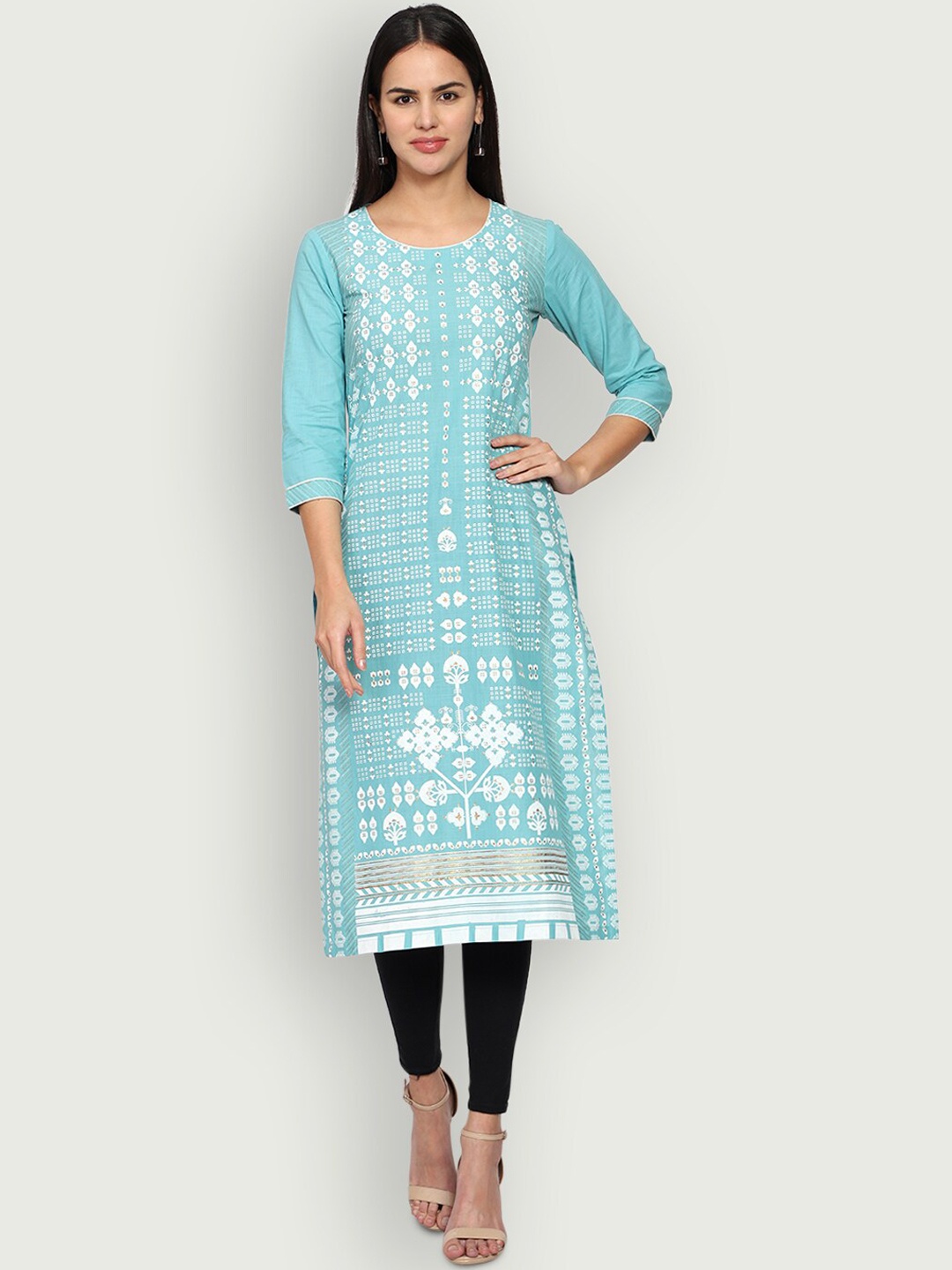 

SHEREEN Women Turquoise Blue Ethnic Motifs Printed Straight Kurta