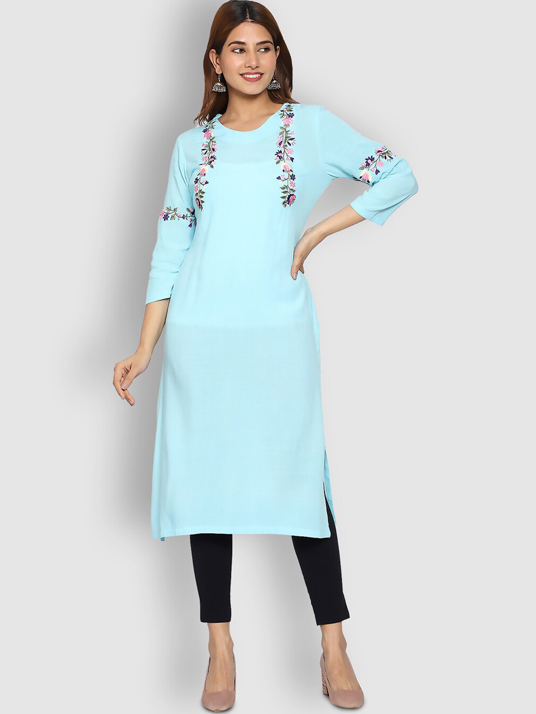 

SHEREEN Women Blue Floral Embroidered Neckline Straight Kurta
