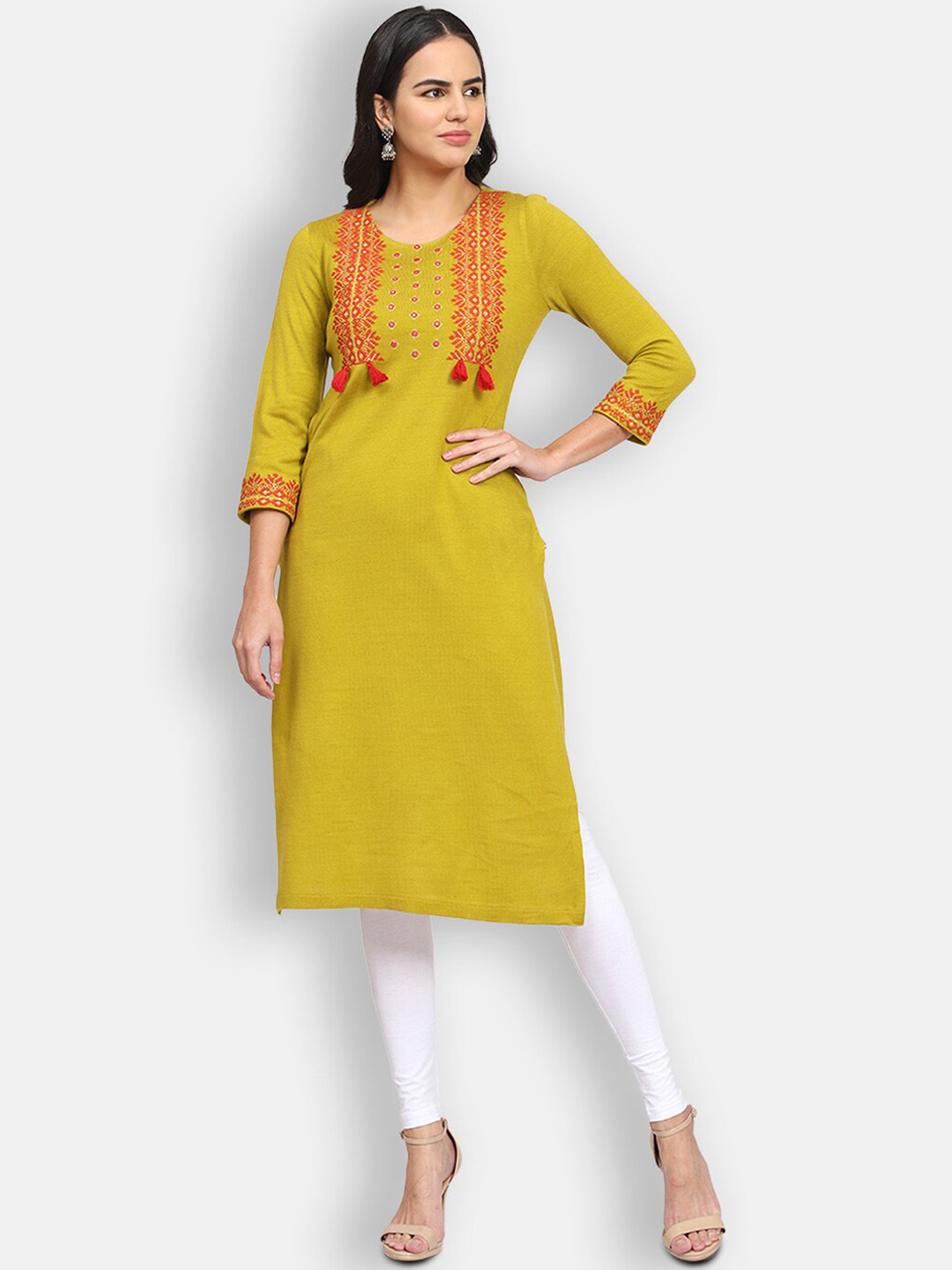 

SHEREEN Women Green Ethnic Embroidered Straight Woolen Kurta