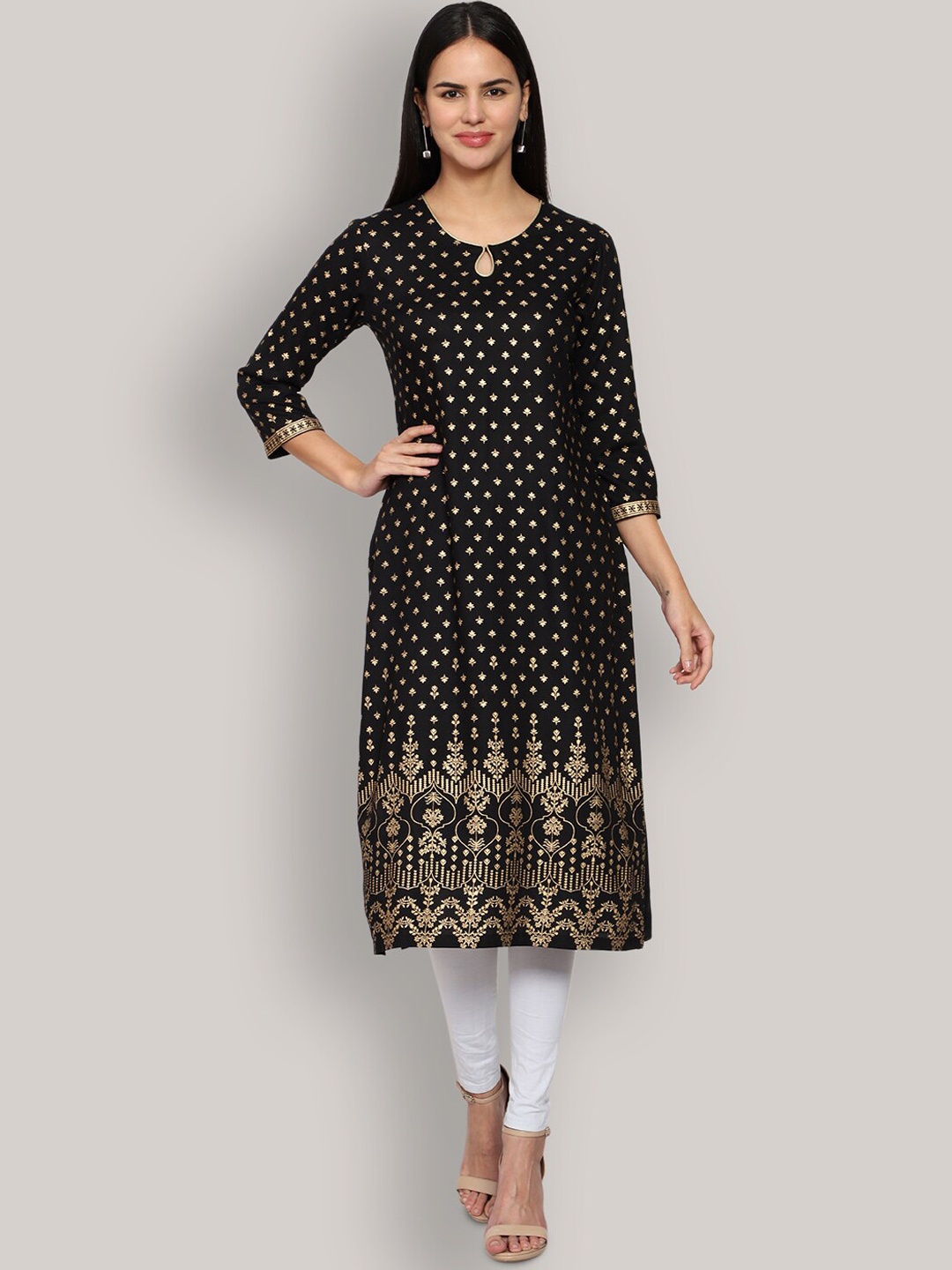 

SHEREEN Women Black Ethnic Motifs Printed Keyhole Neck Straight Kurta