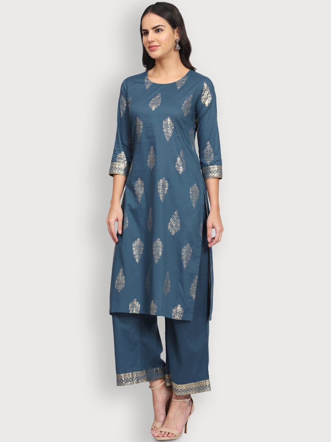 

SHEREEN Women Blue & Silver-Toned Ethnic Motifs Printed Straight Kurta