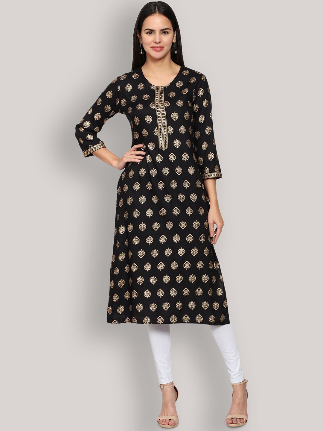 

SHEREEN Women Black & Gold-Toned Ethnic Motifs Printed Kurta