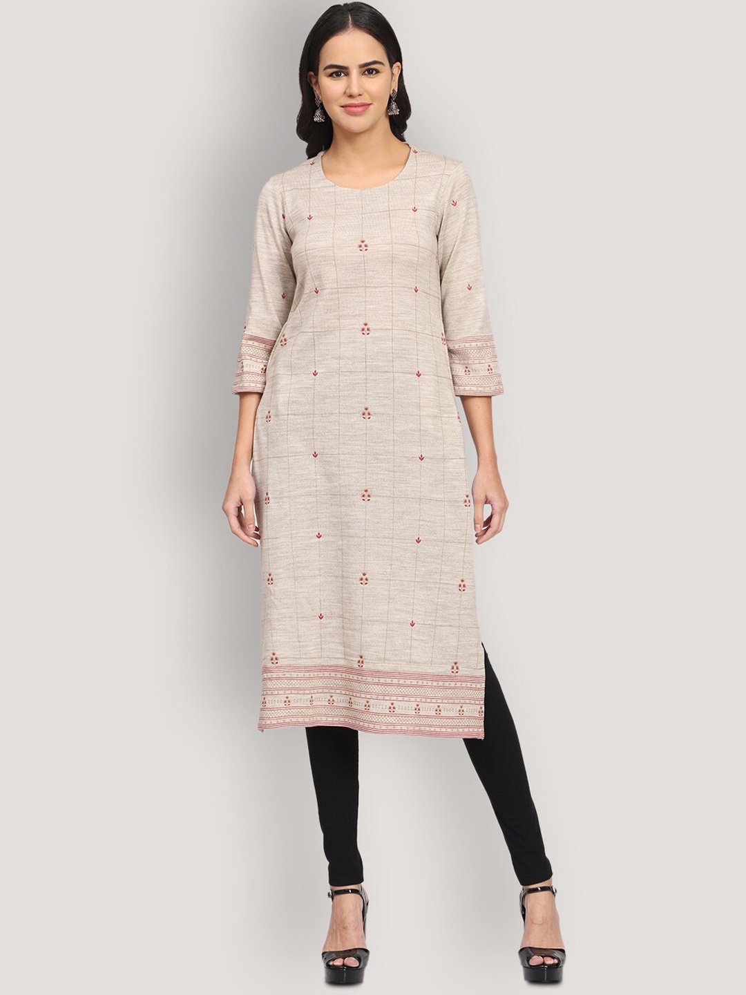 

SHEREEN Women Beige & Maroon Ethnic Printed Straight Woolen Kurta