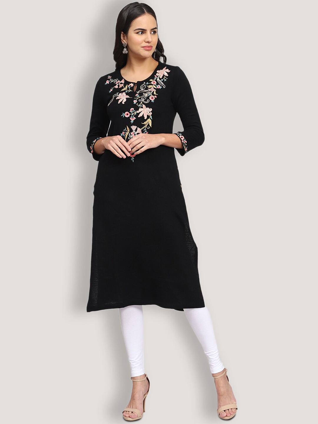 

SHEREEN Women Black Ethnic Embroidered Straight Woolen Kurta