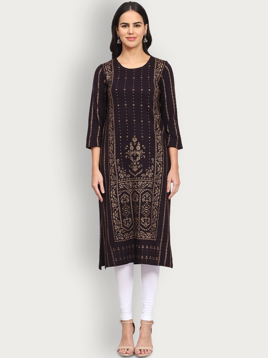 

SHEREEN Women Black & Gold-Toned Ethnic Printed Straight Woolen Kurta