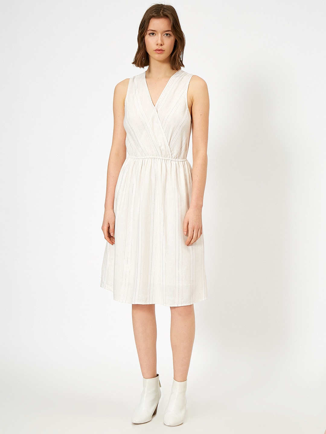 

Koton Off-White Viscose Linen Striped Woven Design A-Line Midi Dress