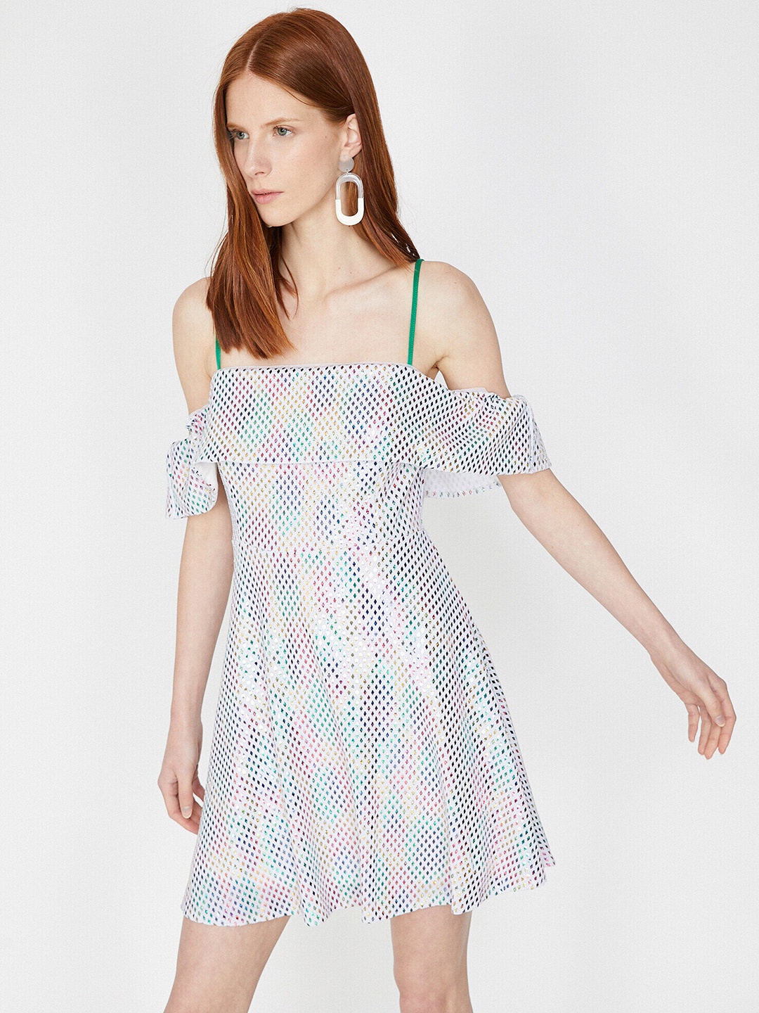 

Koton White & Red Embellished Off-Shoulder Mini Dress