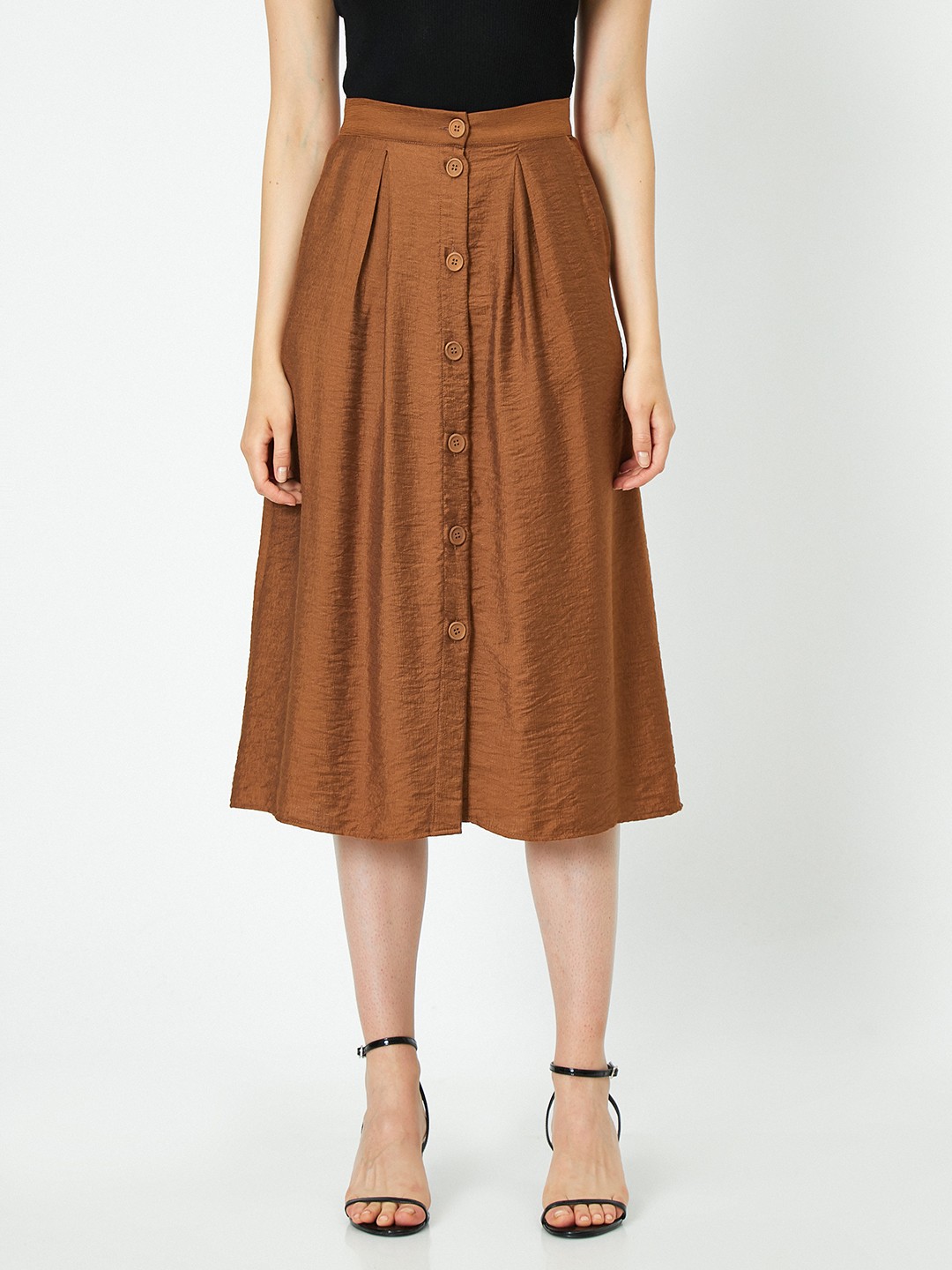 

Koton Brown Solid Buttoned Detailed Midi A-Line Skirt