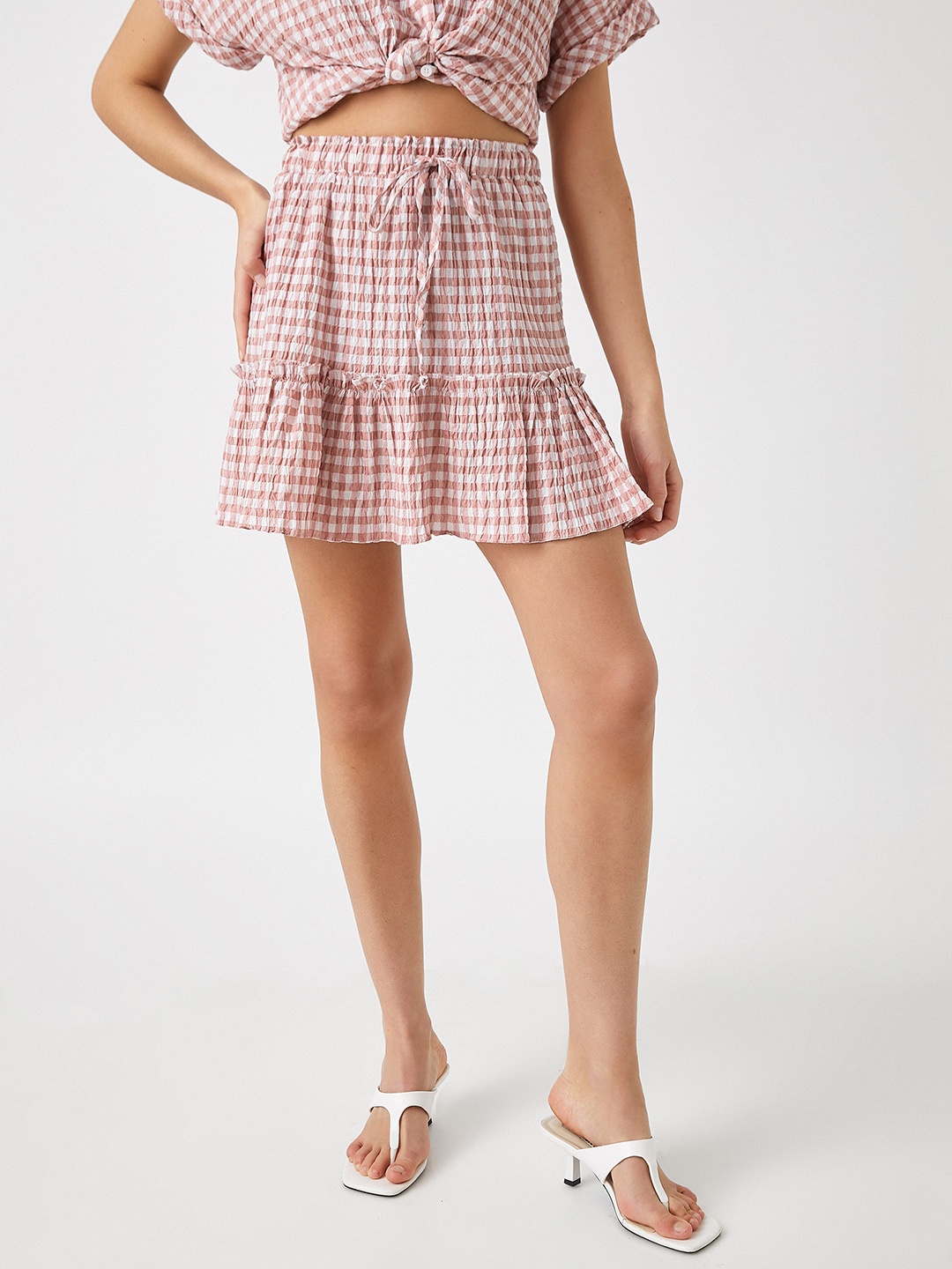 

Koton Women Pink & White Gingham Check Flared Skirt