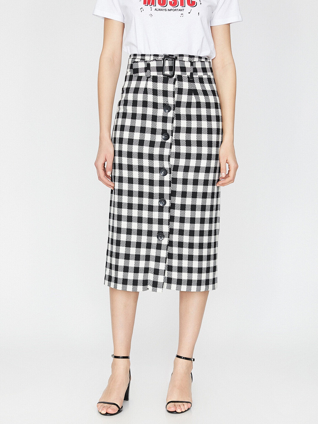 

Koton Women Off-White & Black Checked Straight Midi Skirt