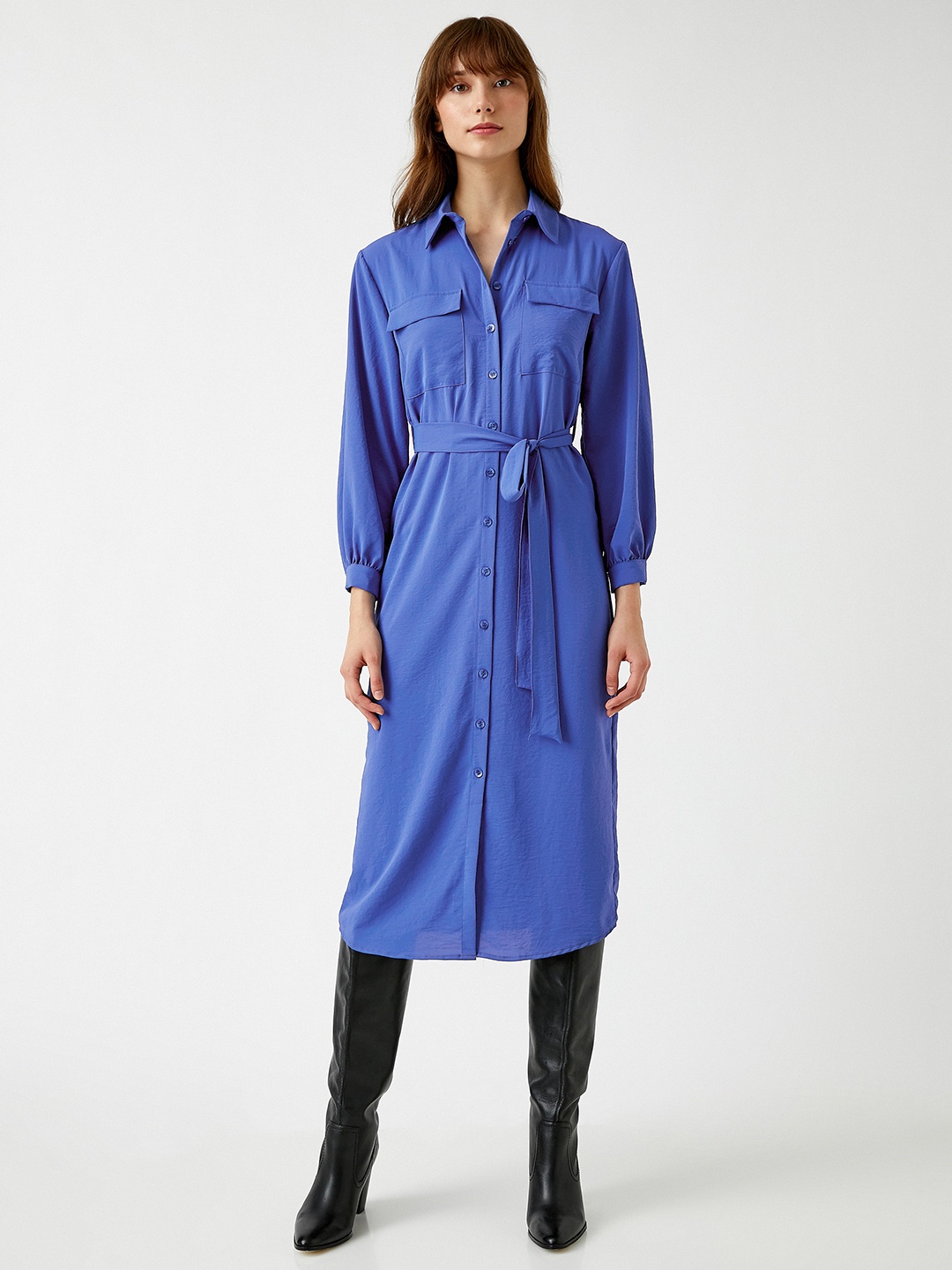 

Koton Blue Solid Shirt Midi Dress with Belt