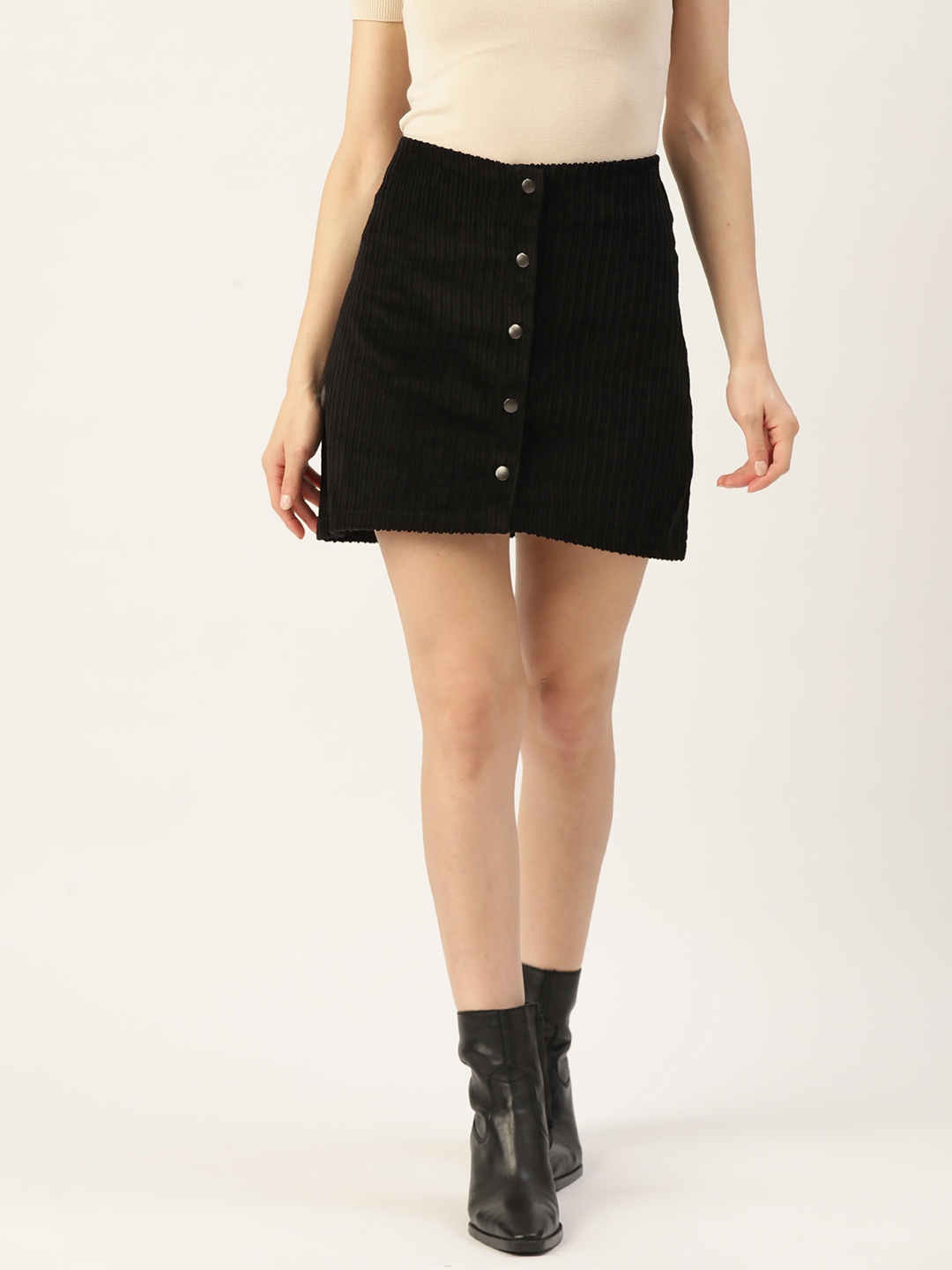 

Koton Black Solid Pure Cotton Corduroy Straight Mini Skirt
