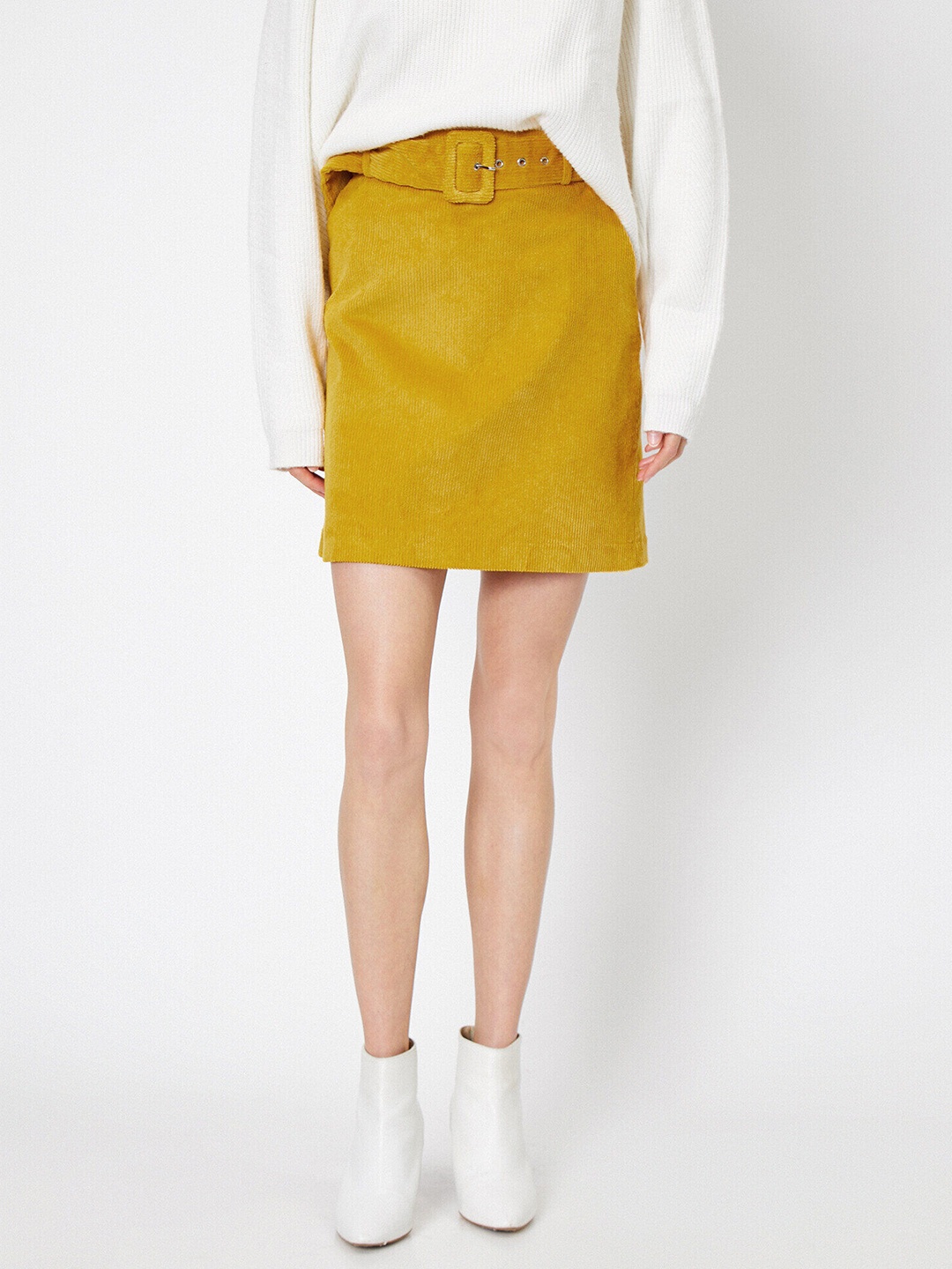 

Koton Women Mustard Yellow Corduroy Belted Straight Skirt