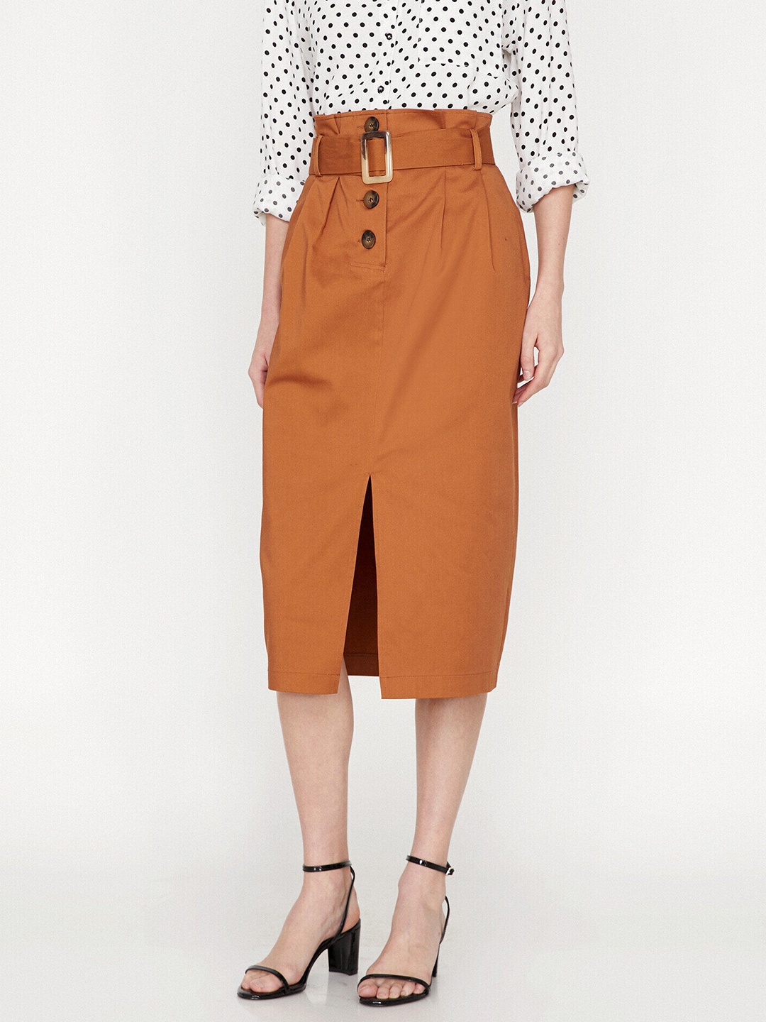 

Koton Brown Solid A-line Front Slit Midi Skirt