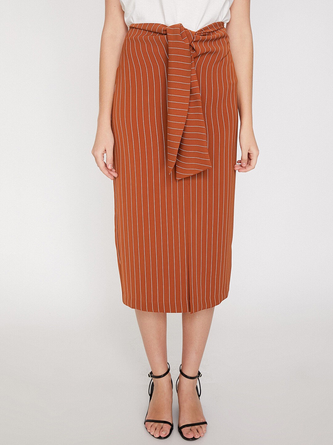 

Koton Women Rust Brown & White Striped Straight Midi Skirt