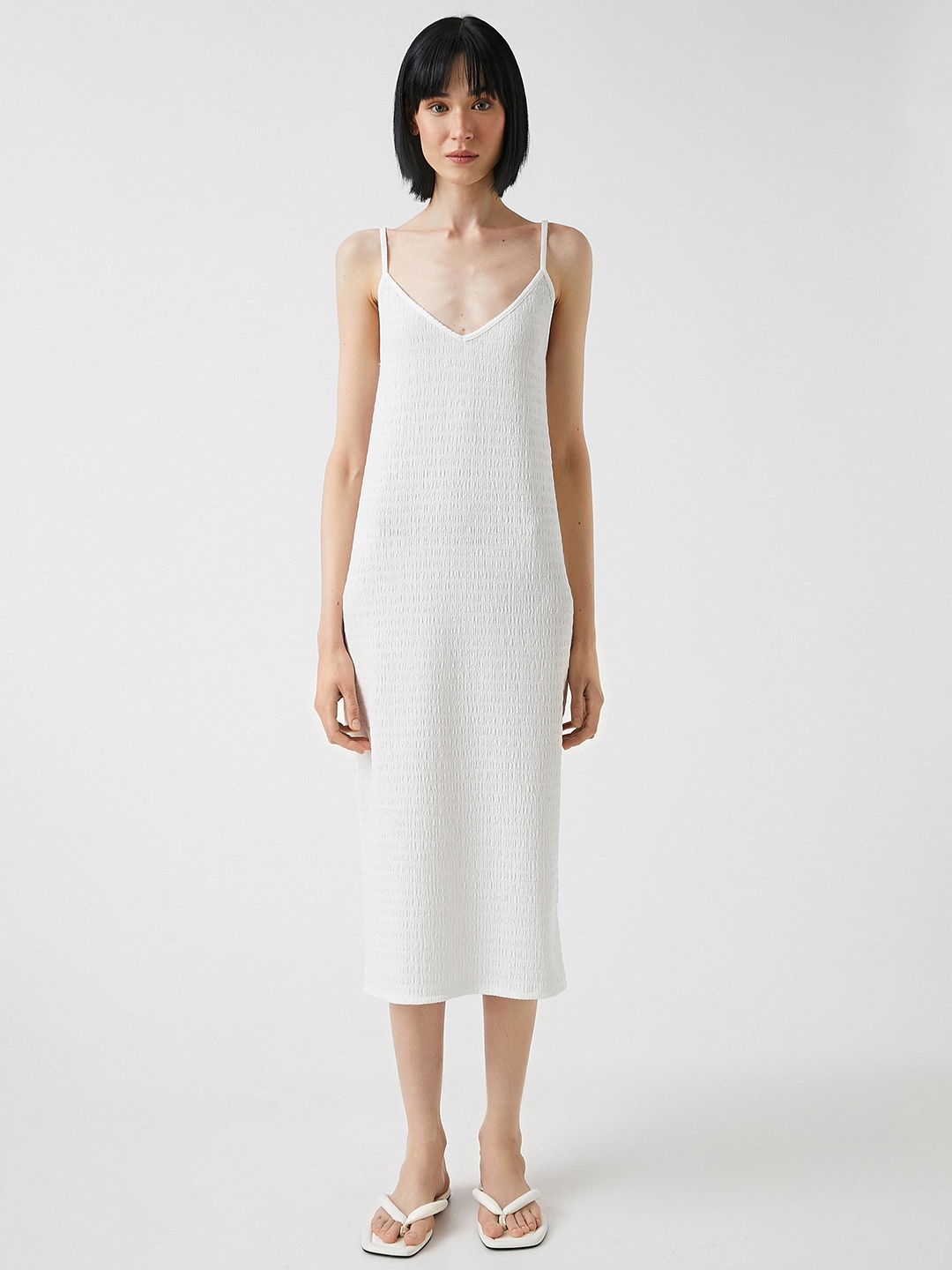 

Koton White Solid Smocked Sheath Midi Dress
